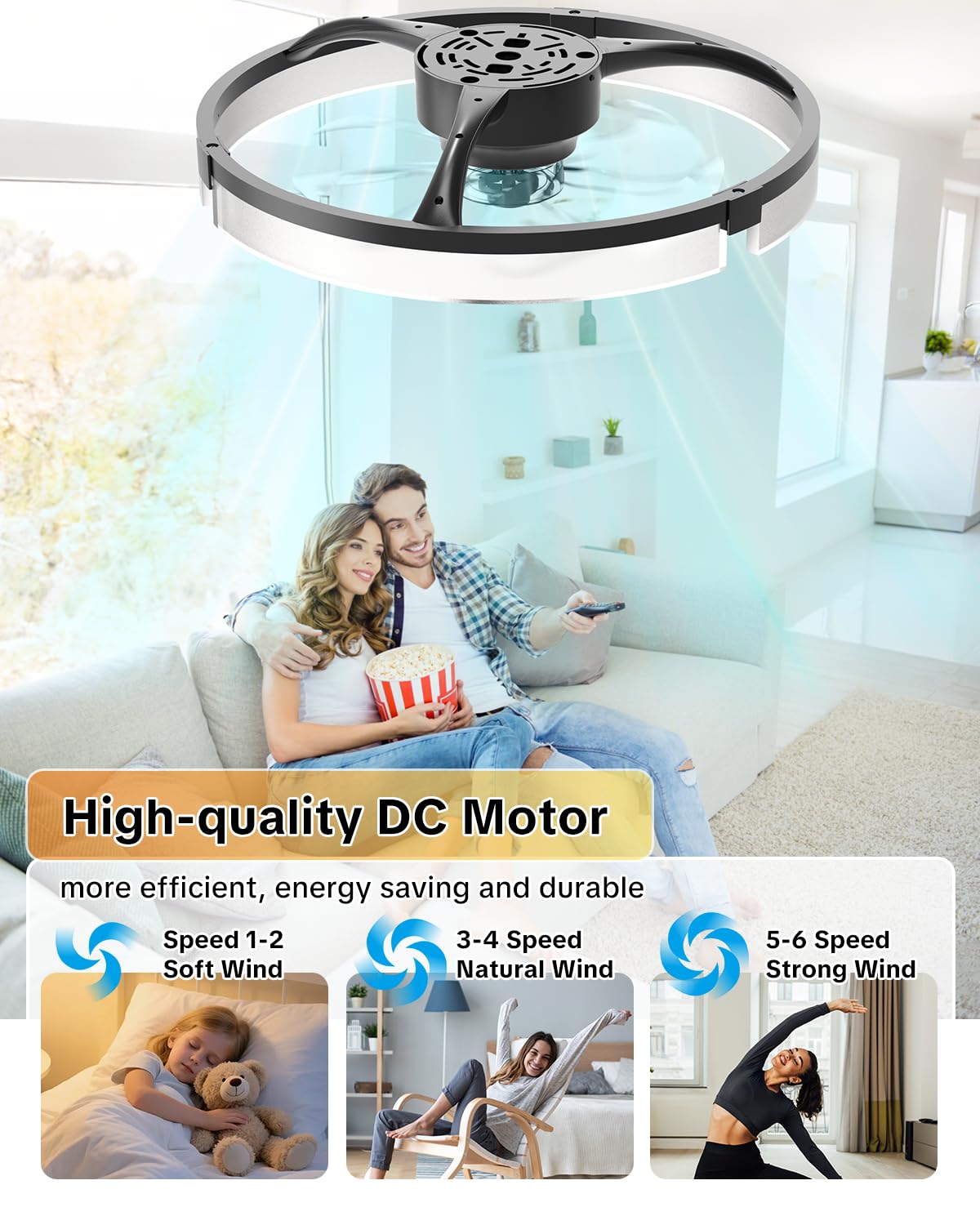AIKVSXER 20" Ceiling Fan with Light, Modern Low Profile Fan Light, Quiet DC Motor, 6 Speeds, 3000K-6500K Dimmable LED, App & Remote Control, for Bedroom Living Room Indoor Home Decor