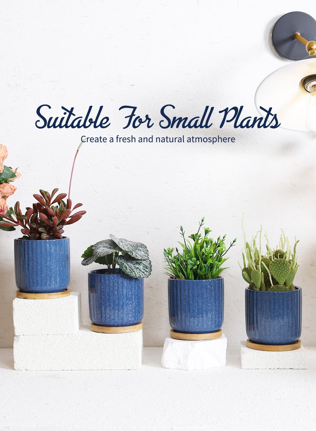 TAMAYKIM 4 Inch Cylinder Ceramic Plant Pots with Drainage Holes & Saucers, Glazed Small Boho Planters with Trays for Indoor Flower, Snake Plants, Succulent, Cactus, Blue, Set of 4