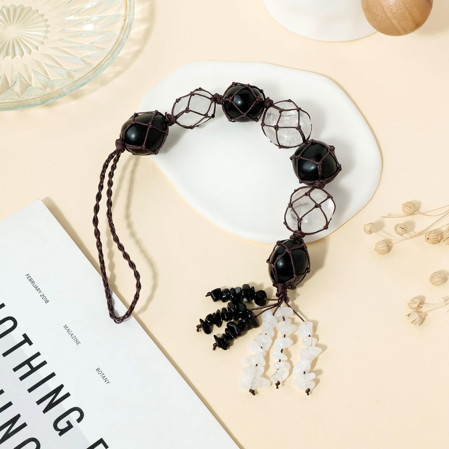 Runyangshi Hanging Car Charm Clearn Crystal Black Obsidian Healing Crystal and Stones Natural Crystals Car Hanging Omament with Chips Stones Accessories Rearview Mirror Decorations