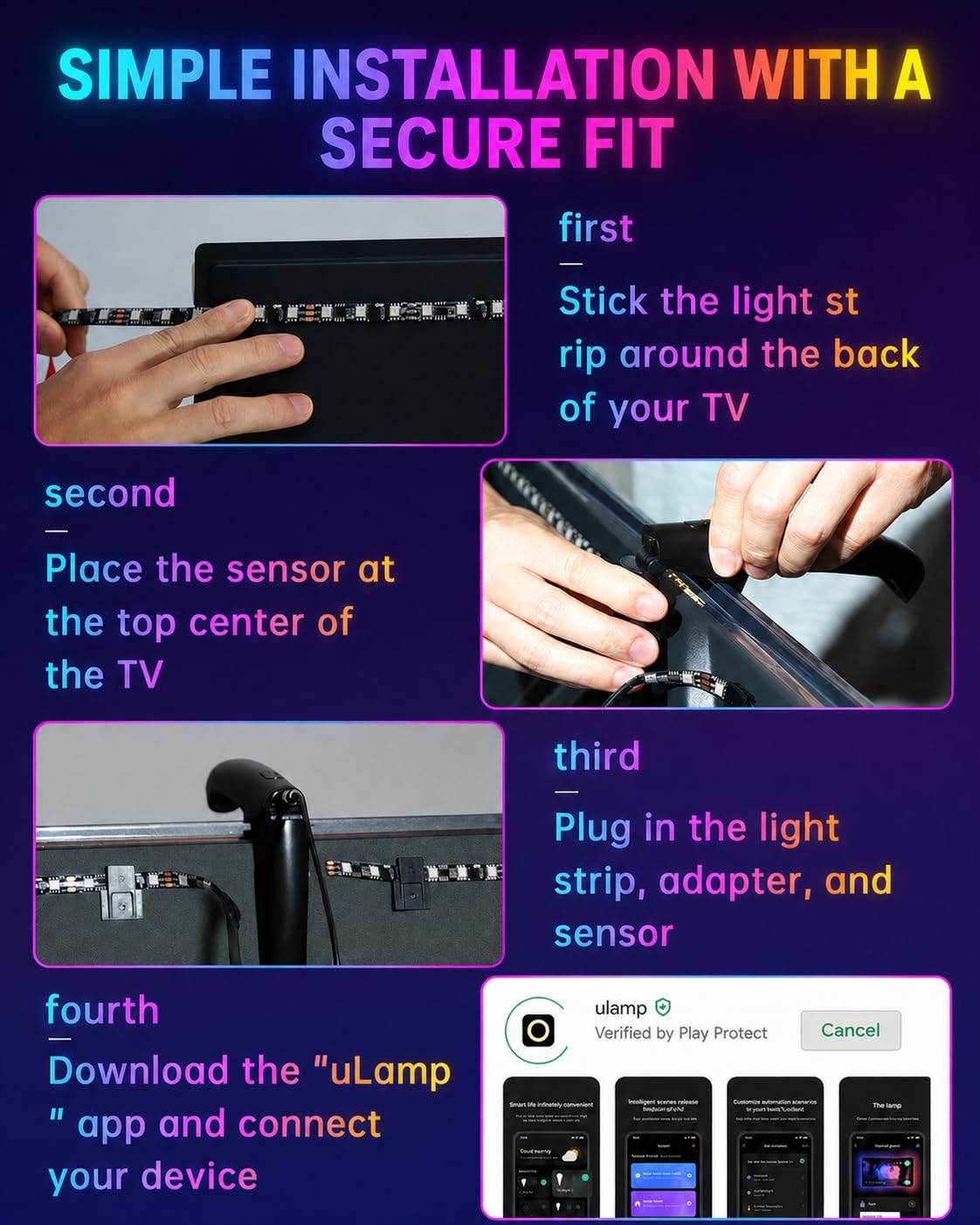 QTU TV LED Backlight with Sensor, LED Sync Lights for TV 55-65 Inch, Smart Camera Sync to Screen, Ambient RGB Strip Lights for Gaming & Home Theater, App Control (14.7ft)