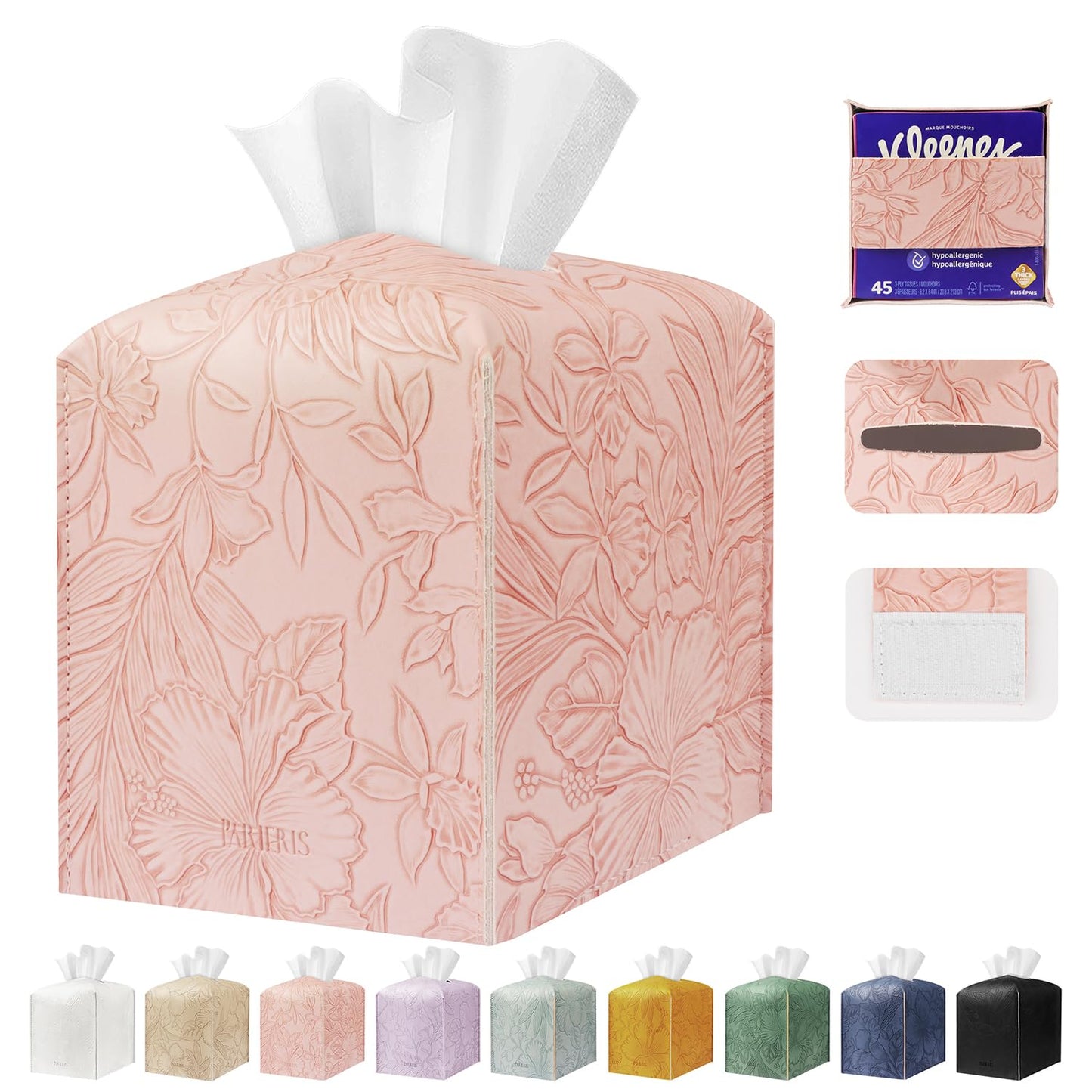 Tissue Box Holder Cover Square Tissue Cube Cover PU Leather Tissue Organizer with Bottom Belt for Bathroom, Tabletop, Kitchen, Night Stands, Office, Home, Car (1, RosyPink)