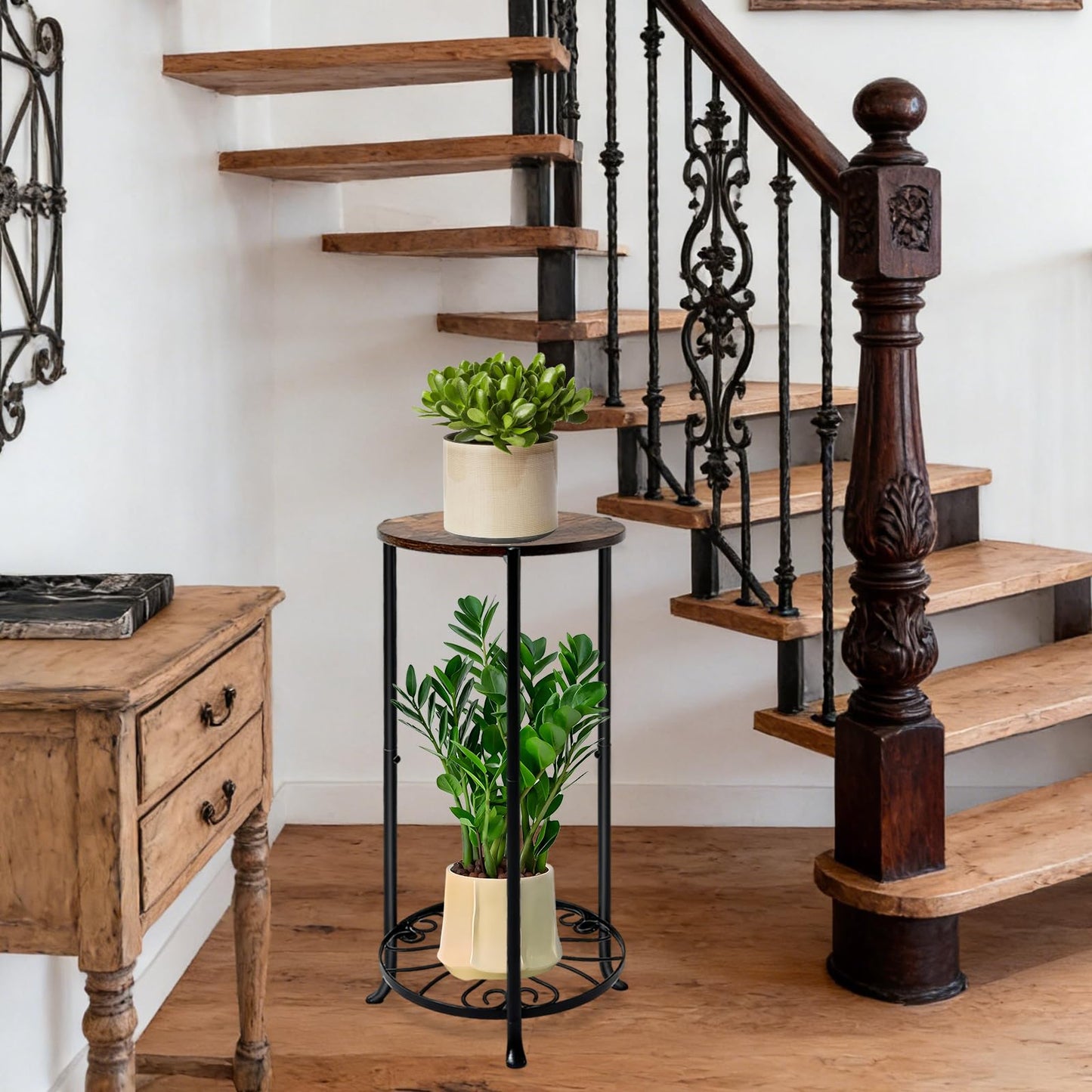 Uniqcovosa Plant Stand Indoor, 2 Tier Wood Round Potted Holder Rack, 27 " Tall Flower Pot Stand Shelf, Round Supports Plant Stand for Large Plants, Corner Plant Shelf for Balcony Garden Patio Living Room, Brown