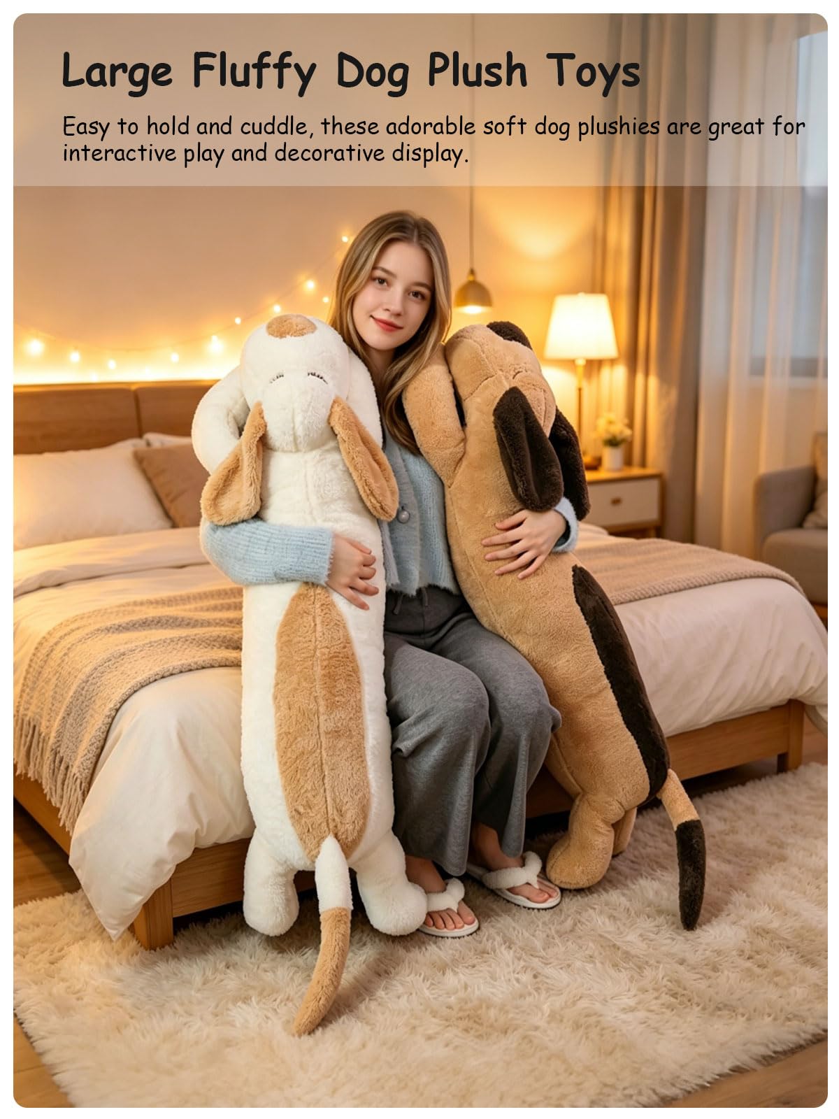 FIAEUGZKM Large Dog Plush Body Pillow, 45" Long Fluffy Dog Stuffed Animal for Girls, Soft Cuddly Stuffy Birthday Gift Home Decor Plushy Toy for Kids Teens Adults Girlfriends, White