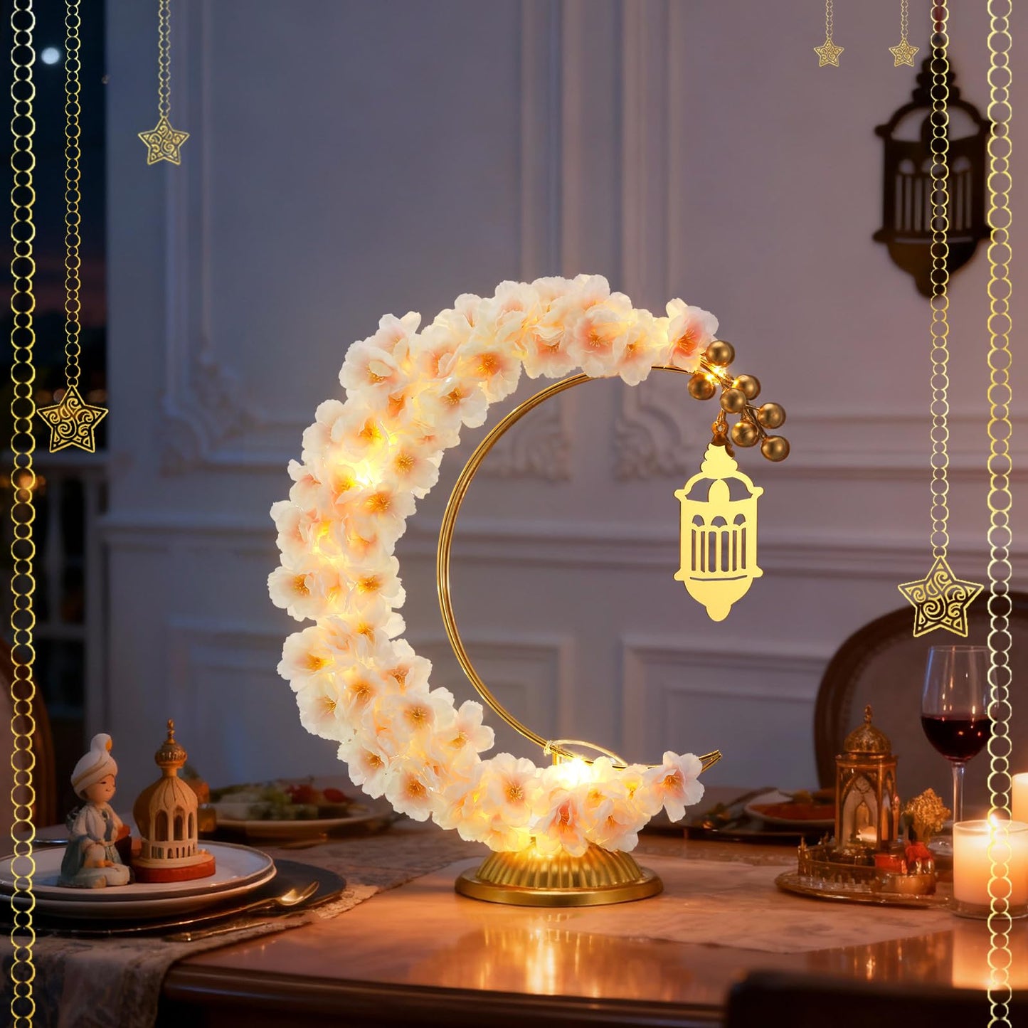 Yookeer Ramadan Decorations Eid Mubarak Table Decor Lighted Moon Shaped Wreaths with Castle for Fireplace Office Bedroom Party Supplies Muslim Party Tabletop Decor Home(Camellia)