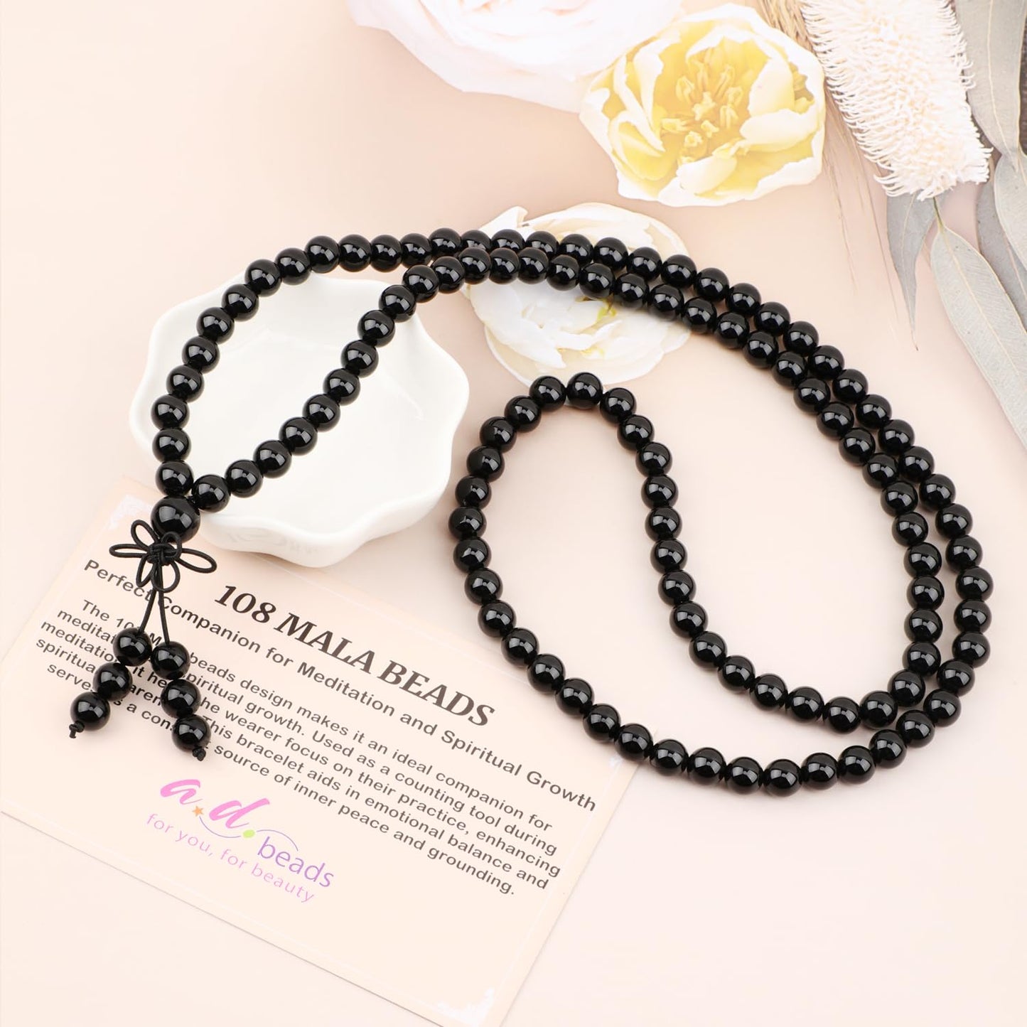 AD Beads 8mm 108 Prayer Mala Onyx Elastic Bracelet - Positive Energy Generator - Handmade Yoga Meditation Healing Power Energy Gifts for Unisex Adult.
