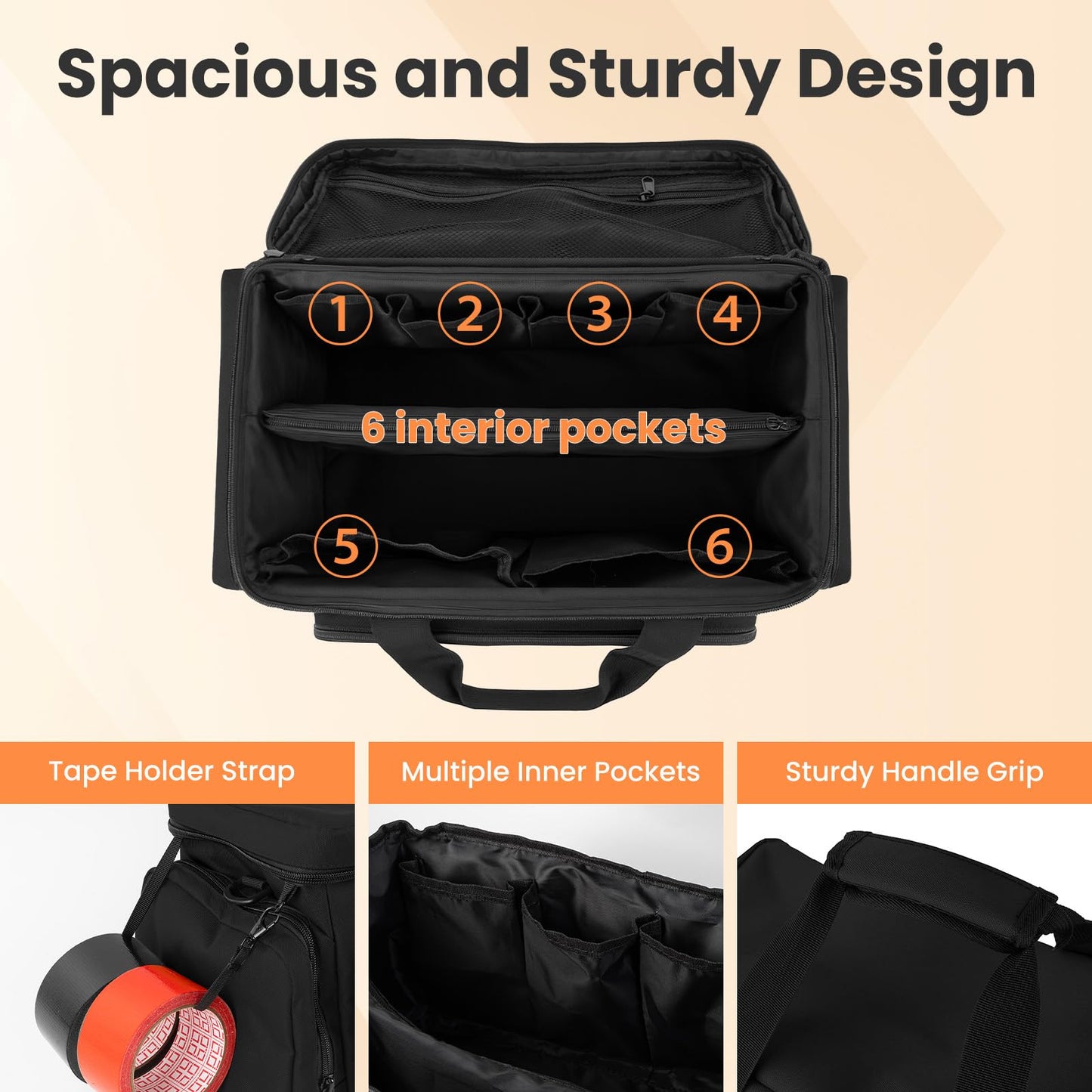VJI Heavy Duty Tool Bag with Multi-Pockets, Portable Storage Bag with Large Zipper, Carrying Toolbag with Adjustable Shoulder Strap and Ergonomic Handle, Repairman, Carpenters, Handyman, Black