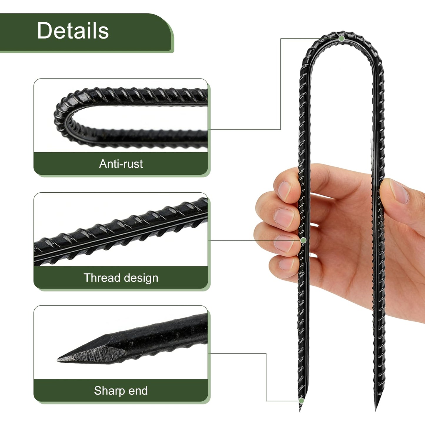 Garden Ground Stakes, Galvanized Steel Rebar Stakes U Shape, Heavy Duty Ground Anchors for Yard, Tent, Fence, Landscape, Decorations, Trampolines (8 Inch)