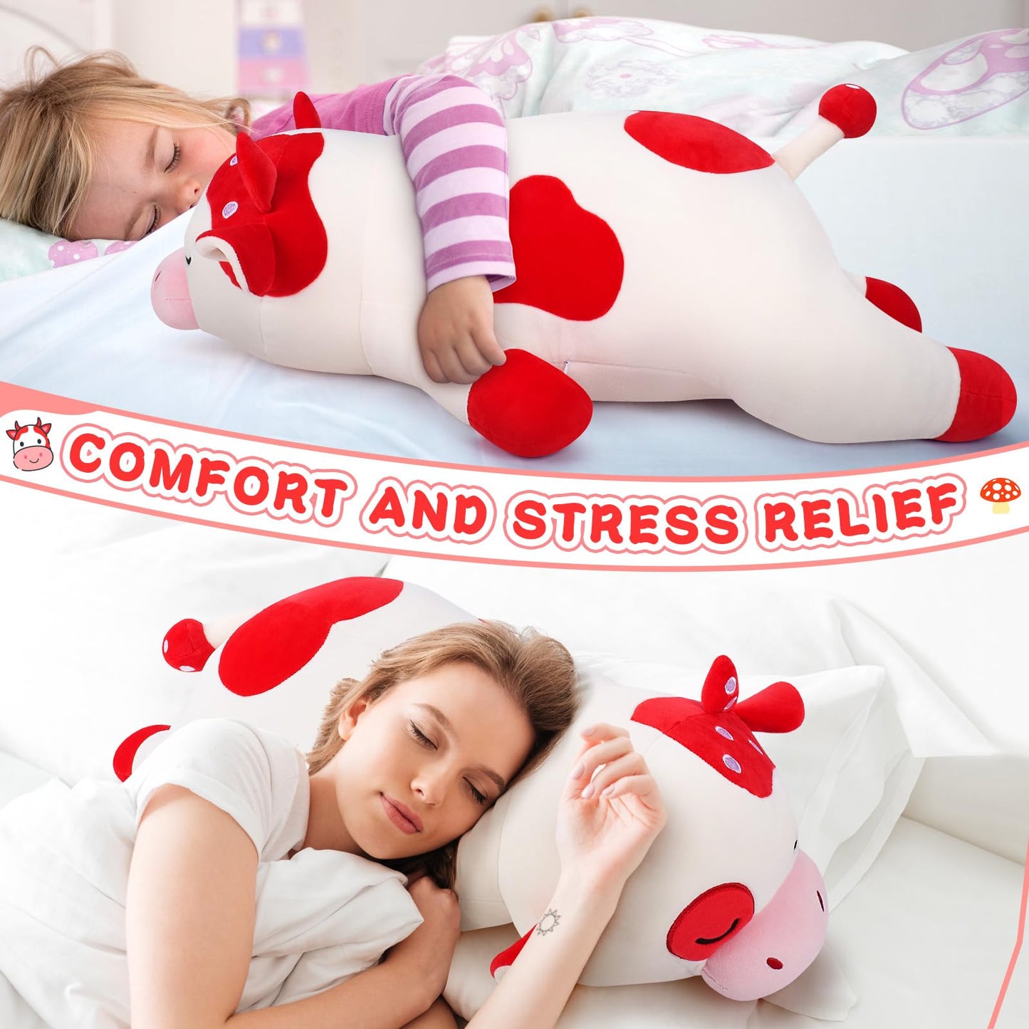 Auspicious beginning 30'' Giant Mushroom Cow Plush Stuffed Animal-Cute Mushroom Cow Plush Body Pillow Plushies, Large Sleeping Cow Stuffed Animal Big Plushie Toy, Birthday Gifts for Kids Girls Boys