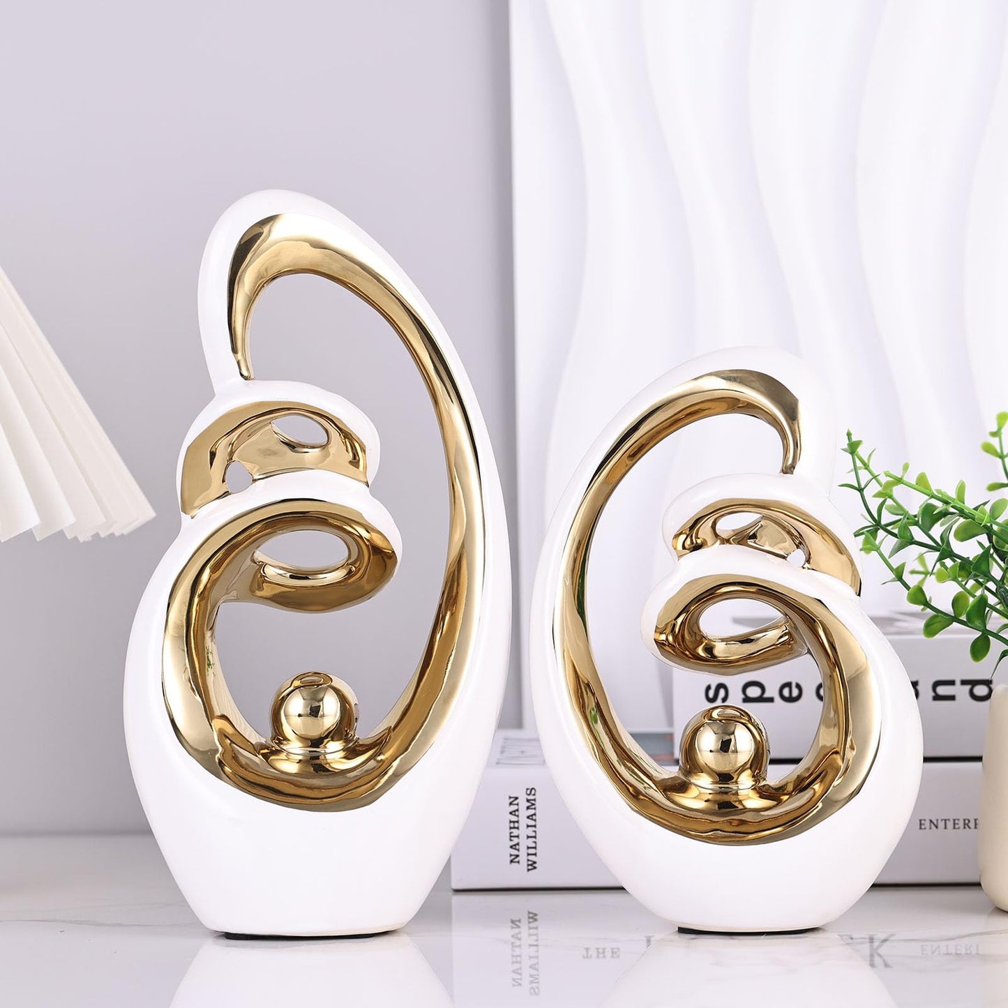 GAOSHENG Modern Abstract Porcelain Sculpture, White Gold Show Piece for Home, Knick Knacks for Decor, Tv Stand Centerpiece
