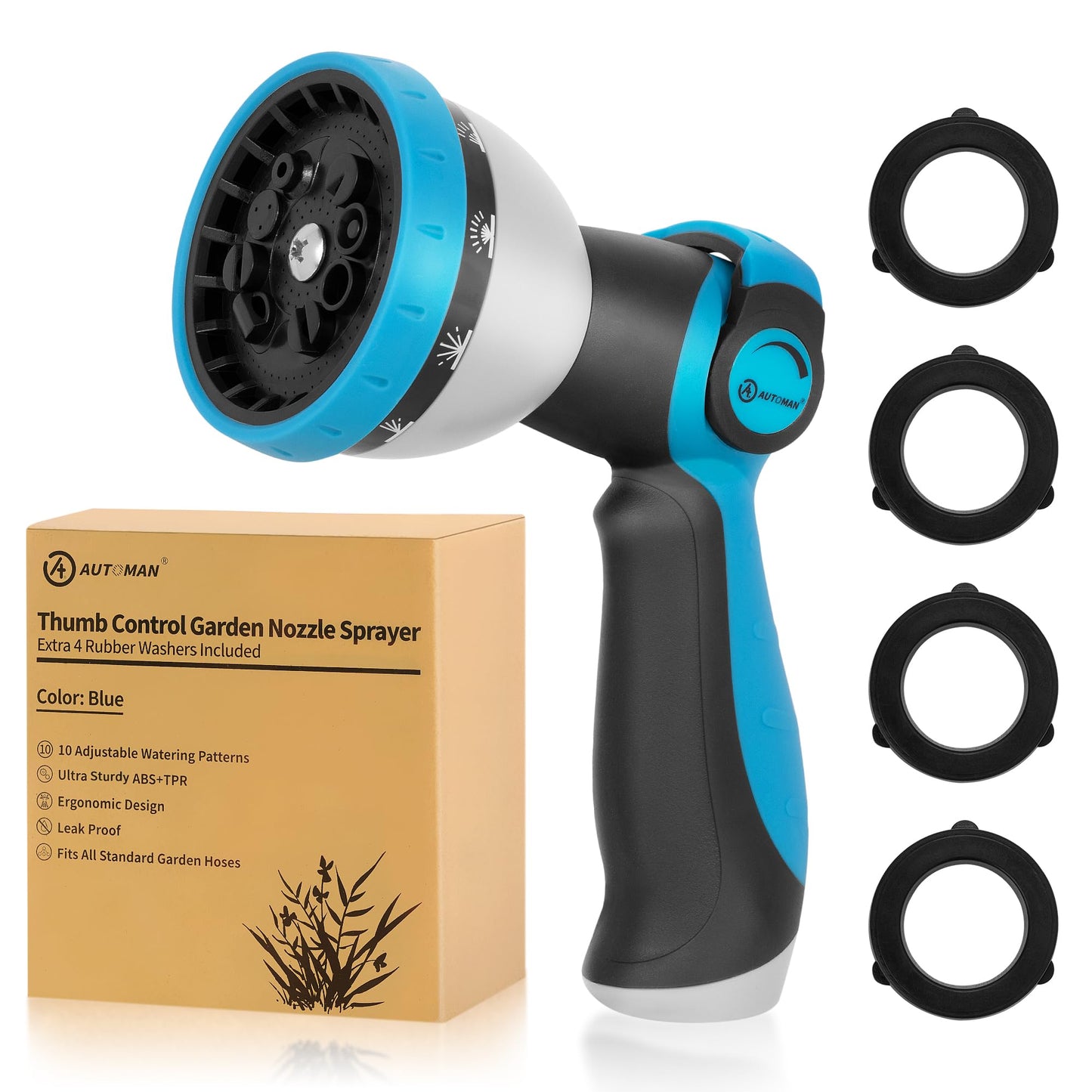 AUTOMAN Garden Hose Nozzle - 10 Adjustable Spray Patterns, Thumb Flow Control Hose Sprayer, Water Hose Spray Nozzle for Plants Watering, Car Washing, Window Cleaning, Pets Bathing, Outdoor Fun, Blue