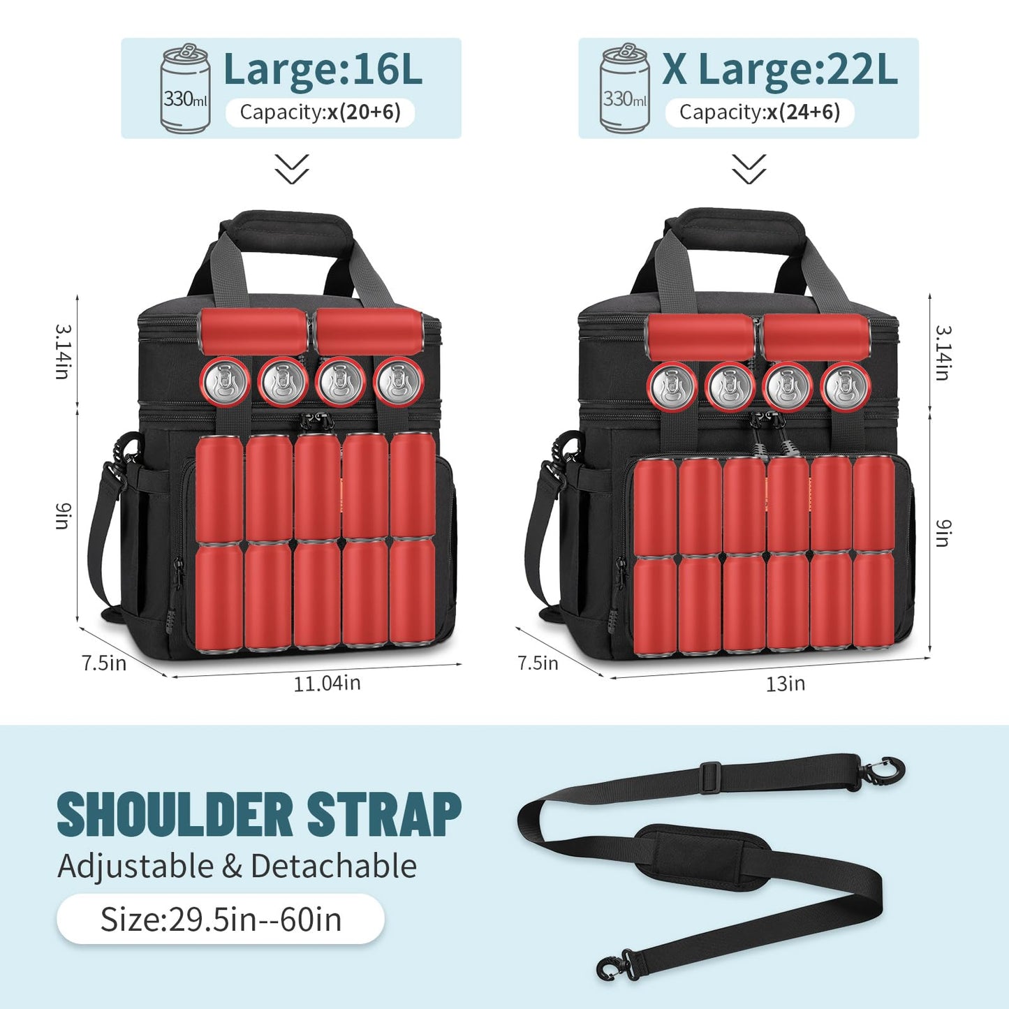 HSHRISH Lunch Box for men, Large Expandable Insulated Lunch Bag, Durable Waterproof Leakproof Tactical Cooler Bag for Adults Men to Work Picnic Beach Day Trips, 24 Cans/16 L, Black