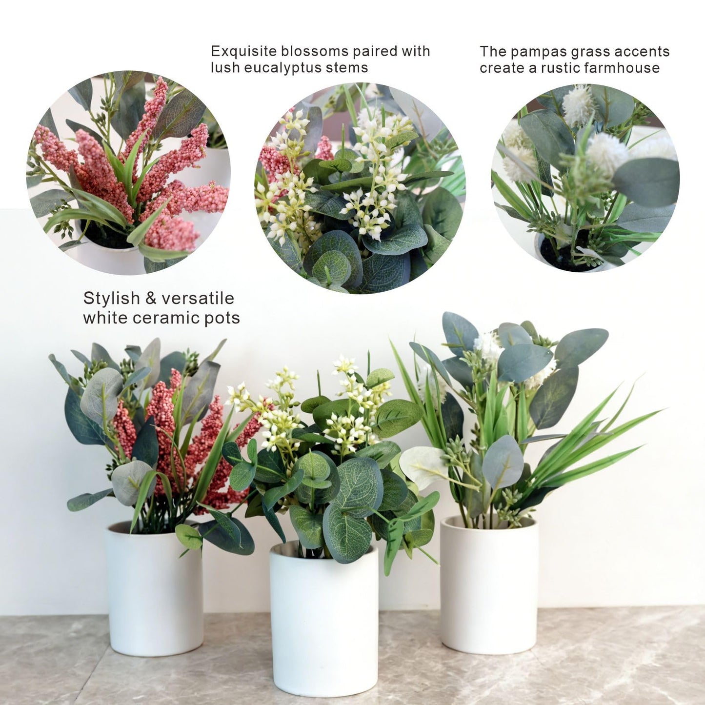 VINSUNI Artificial Plants with White Ceramic Vase, Eucalyptus Leaves and Pink Berry Stems, 3-Pack Fake Flowers for Bathroom Coffee Table Centerpieces