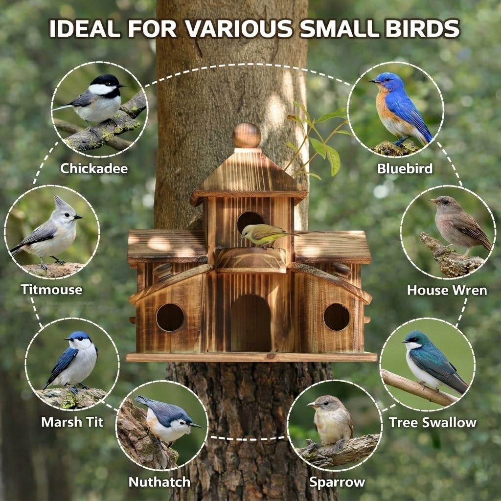 Bird Houses for Outside, Wooden 6 Hole Bird House Room for Multiple Birds, Outdoors Hanging Birdhouse Nesting Box for Garden, Bird Hotel for Wren Chickadee Sparrow