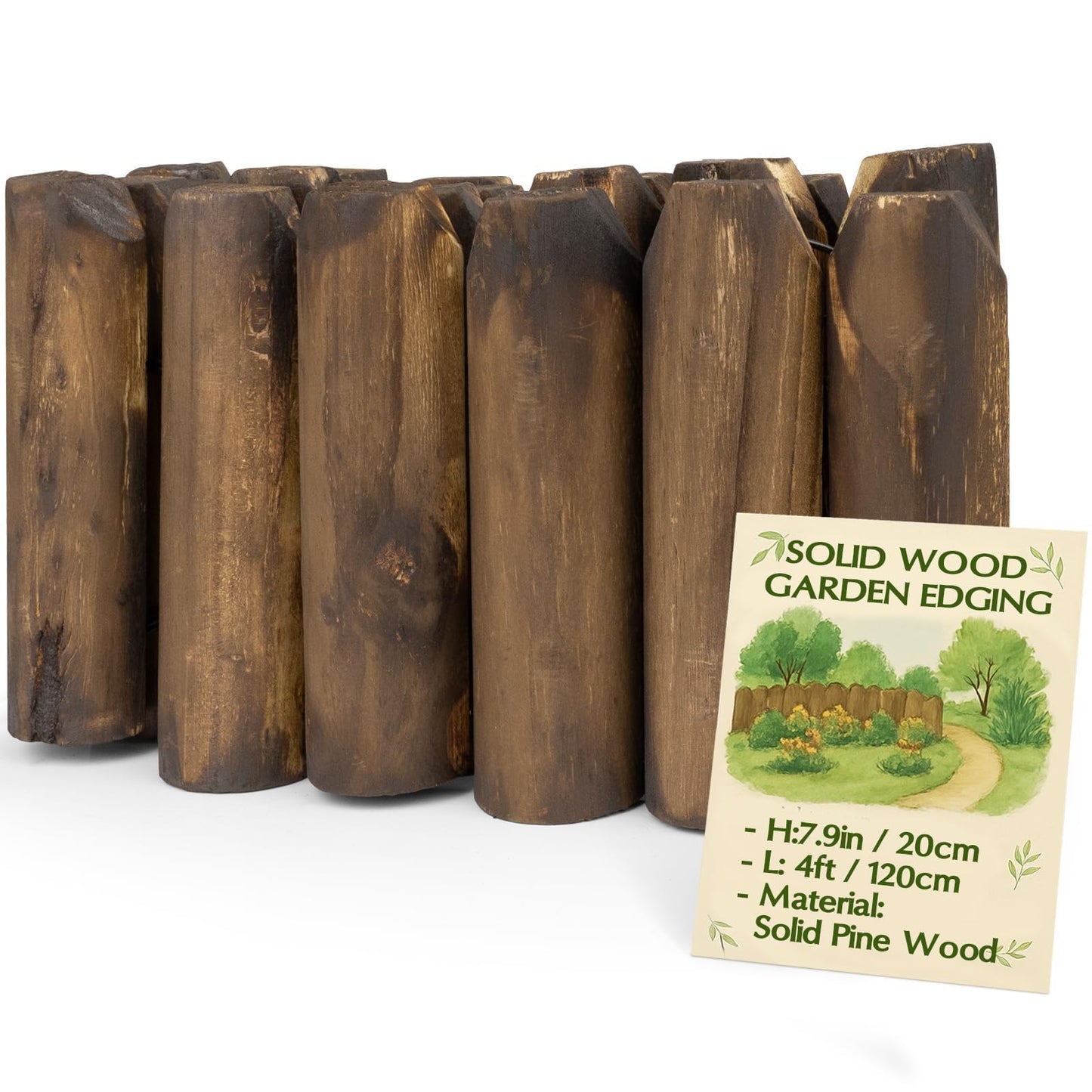 Wood Garden Edging for Landscaping – Half-Round Border Fence for Flower Beds， Pathways & Patio， Natural Decorative Wooden Panels for Garden Landscaping， 7.8in H x 4.0 ft L (1 Pack)