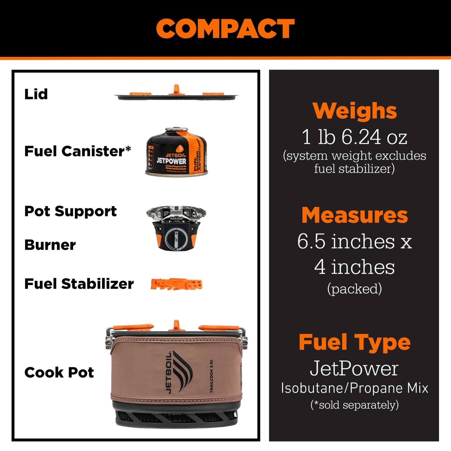 Jetboil TrailCook 2.0L Camping and Backpacking Stove Cooking System with Adjustable Heat Control, New for 2026, Tan