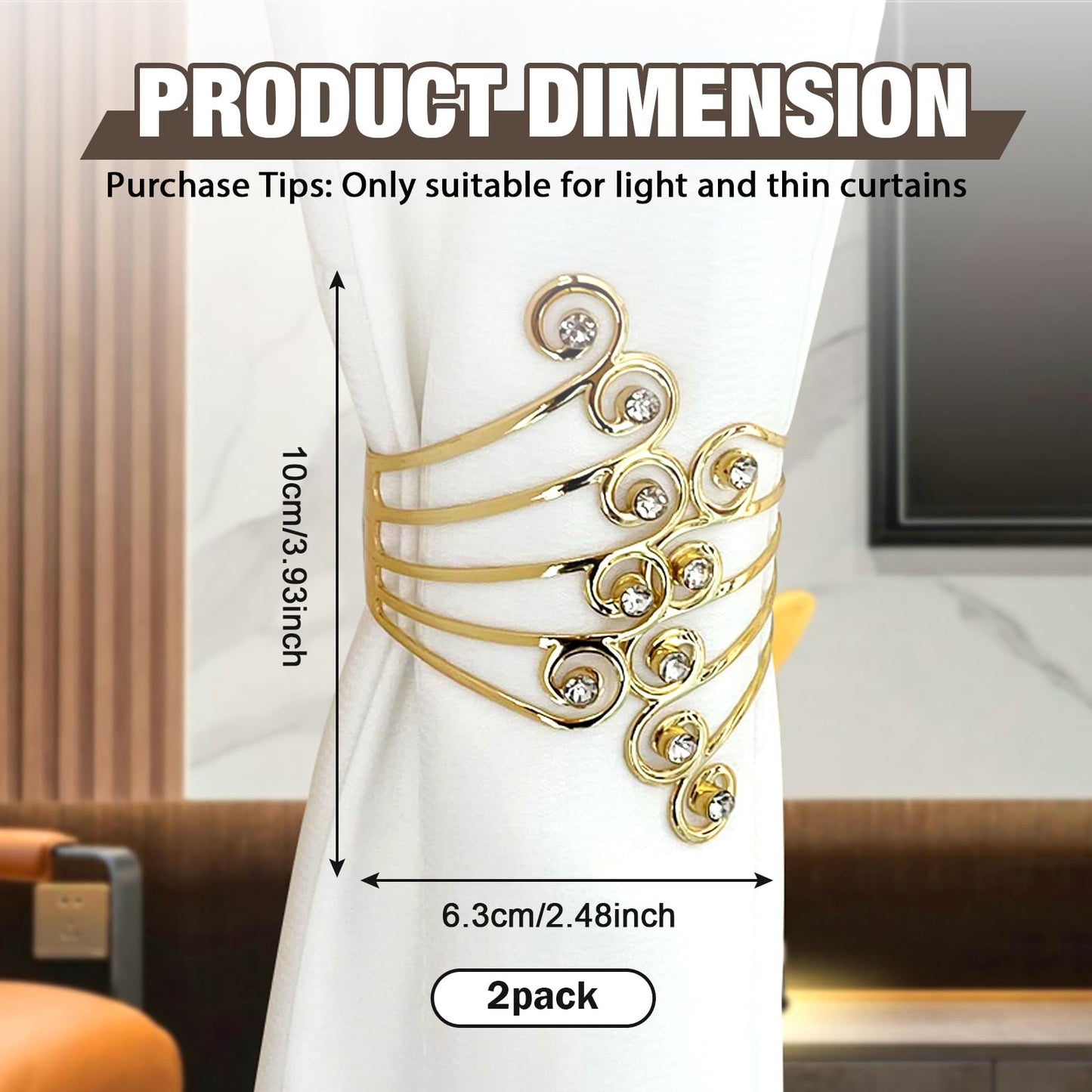 Pcmursal 2 Pack Curtain Tie Backs, Decorative Curtain Tiebacks for Home Office Decortaion (Gold)