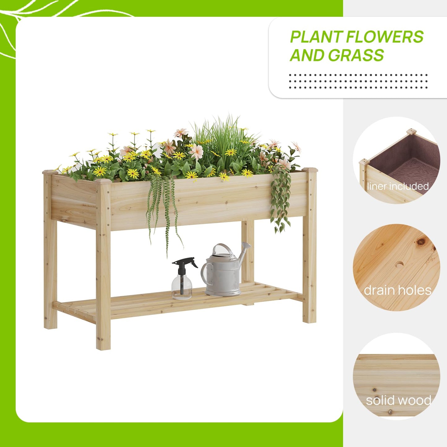 Raised Garden Bed with Legs, Wooden Planter Box with Storage Shelf, Elevated Wood Planter Box for Vegetables Flowers Herbs, Garden Planter for Backyard, Patio, Balcony, 48x24x30.7inch (Natural, M)