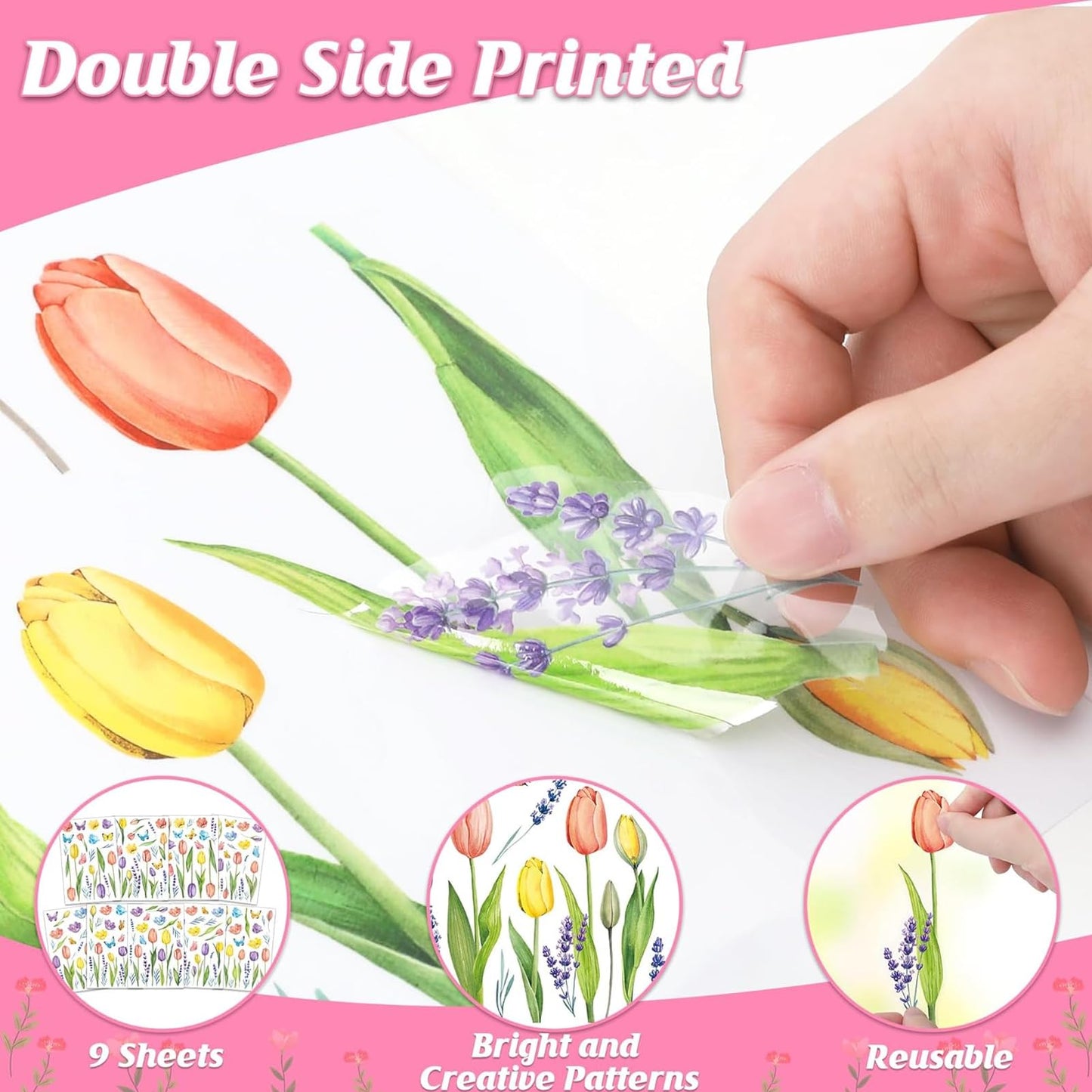 63PCS Spring Window Clings, 10 Sheets Reusable Window Stickers for Glass with Hummingbirds Butterflies Tulip Flowers,Spring Summer Window Decor
