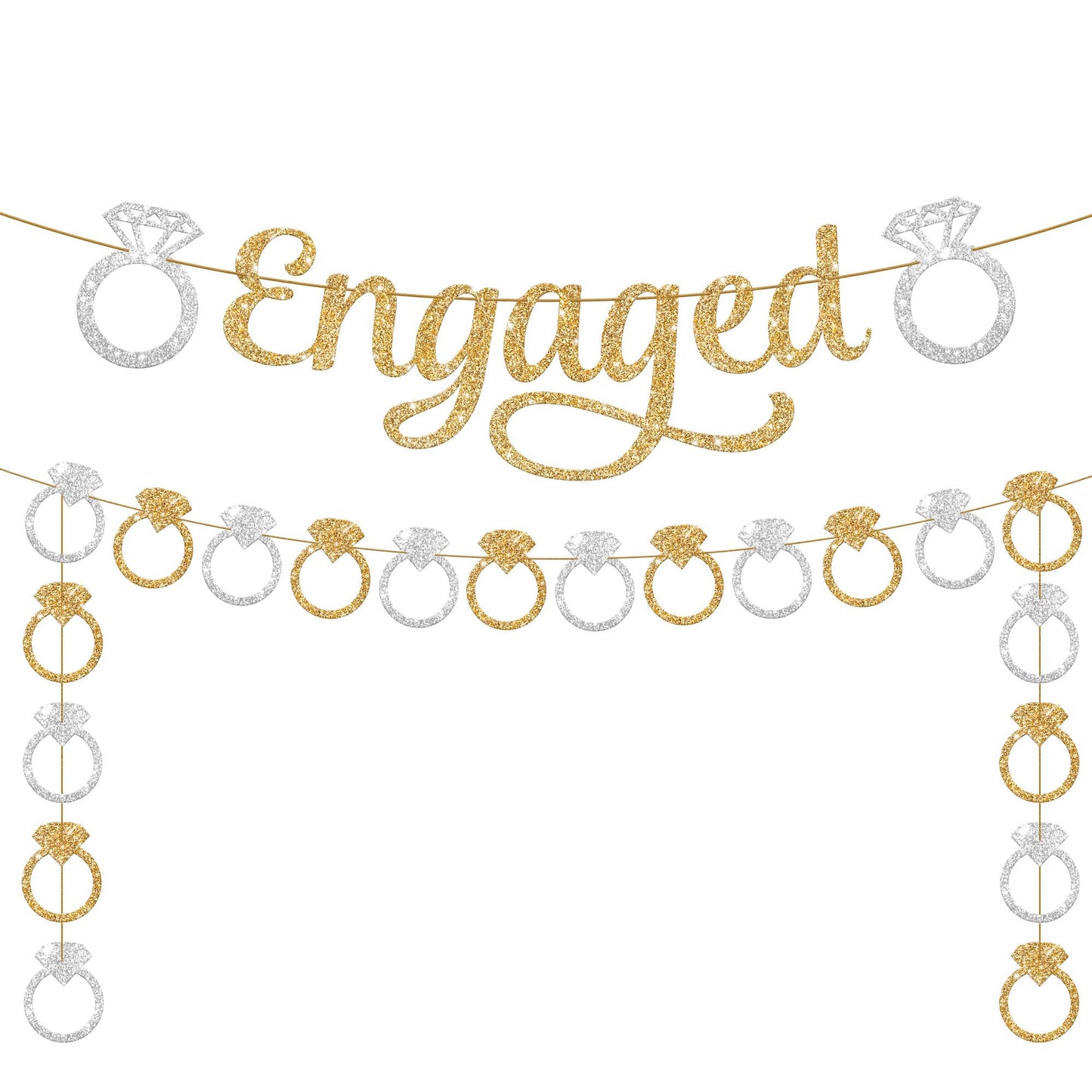 KatchOn, Pre-Strung Gold and Silver Glitter Engaged Banner - 2 String, 10 Feet, No DIY | Engagement Party Decorations | Banner for Bachelorette Party Decorations, Engagement Decorations, She Said Yes Decorations