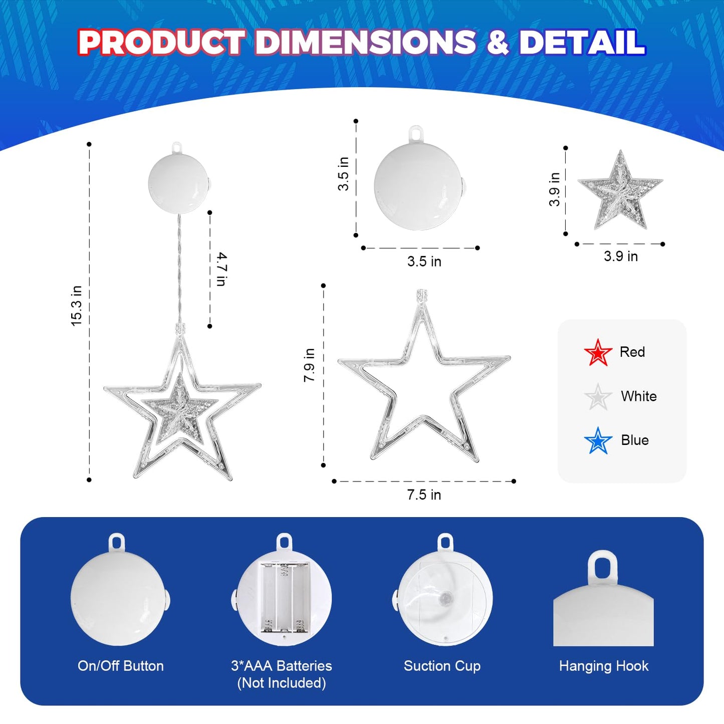 4th of July Window Lights with Timer, Red White Blue Star Lights Battery Operated with Suction Cup Hook, LED Hanging Patriotic Decor for Memorial Day Independence Day Home Room(Red White Blue)