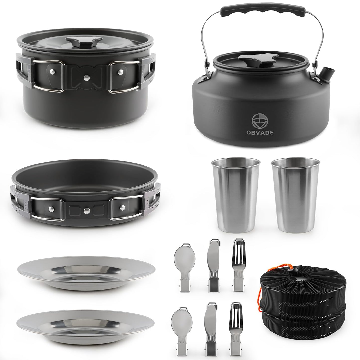 17-Piece Camping Cookware Set, Lightweight Backpacking Pot & Pan Kit with Non-Stick Anodized Aluminum, 0.45Gal Pot, 0.30Gal Kettle, 2 Cups & Cutlery Sets, Compact for Hiking, Camping, Picnic