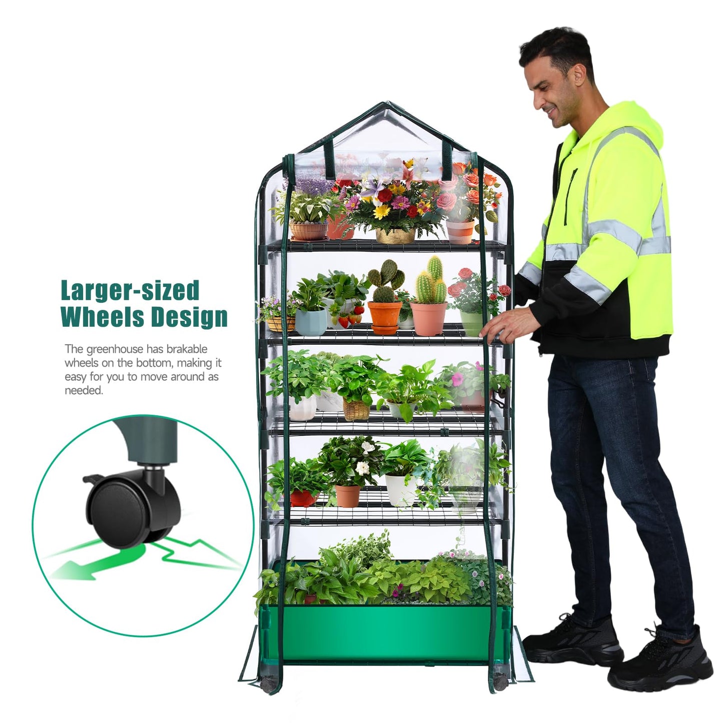 5 Tier Mini Greenhouse with Wheels for Indoor Outdoor, Portable Green House with PVC Cover and Shelves for Seedling, Greenhouse with Waterproof Mat and Cover Tape, Gardening Gifts for Women Men