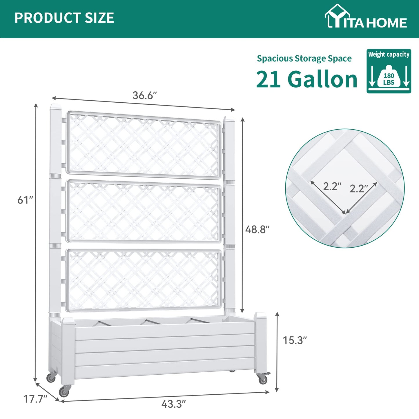 YITAHOME 43.3x17.7x61 in Planter Boxes Outdoor with Trellis, Resin Raised Garden Bed with Wheels & Drain Plug for Climbing Plants, Weather-Resistant Design Elevated Garden Bed with Trellis, White