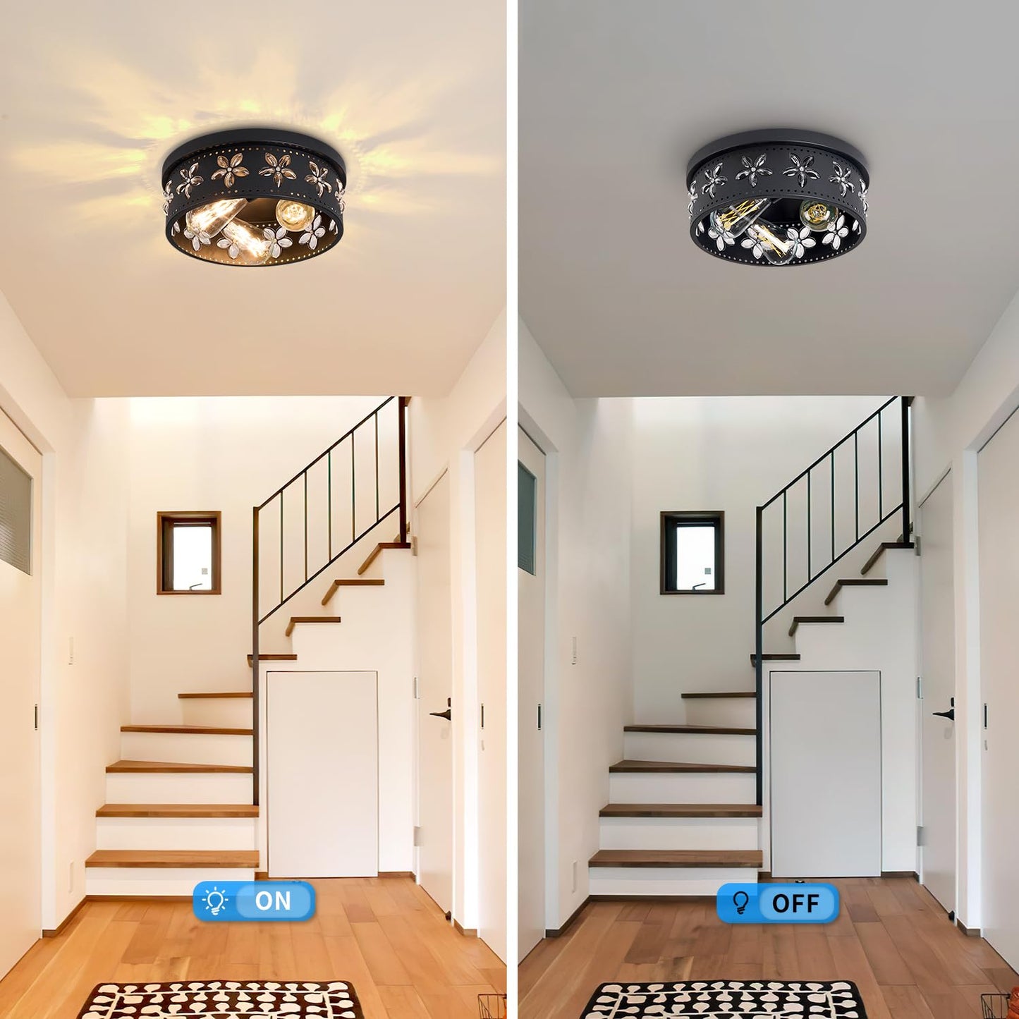 Glintawn 12.6 inch Black Flush Mount Ceiling Light Fixtures, 3-Light Ceiling Mount for Industrial, Crystal Light Fixtures for Farmhouse, Bedroom, Living Room, Kitchen, Hallway and Foyer (1 Pack)