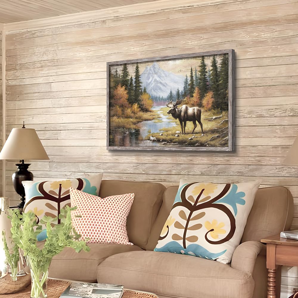 Moose Framed Wall Art Painting: Rustic Wildlife Prints Large Woodland Wild Animal Picture Elk Deer Artowrk for Bedroom Farmhouse Cabin Decor