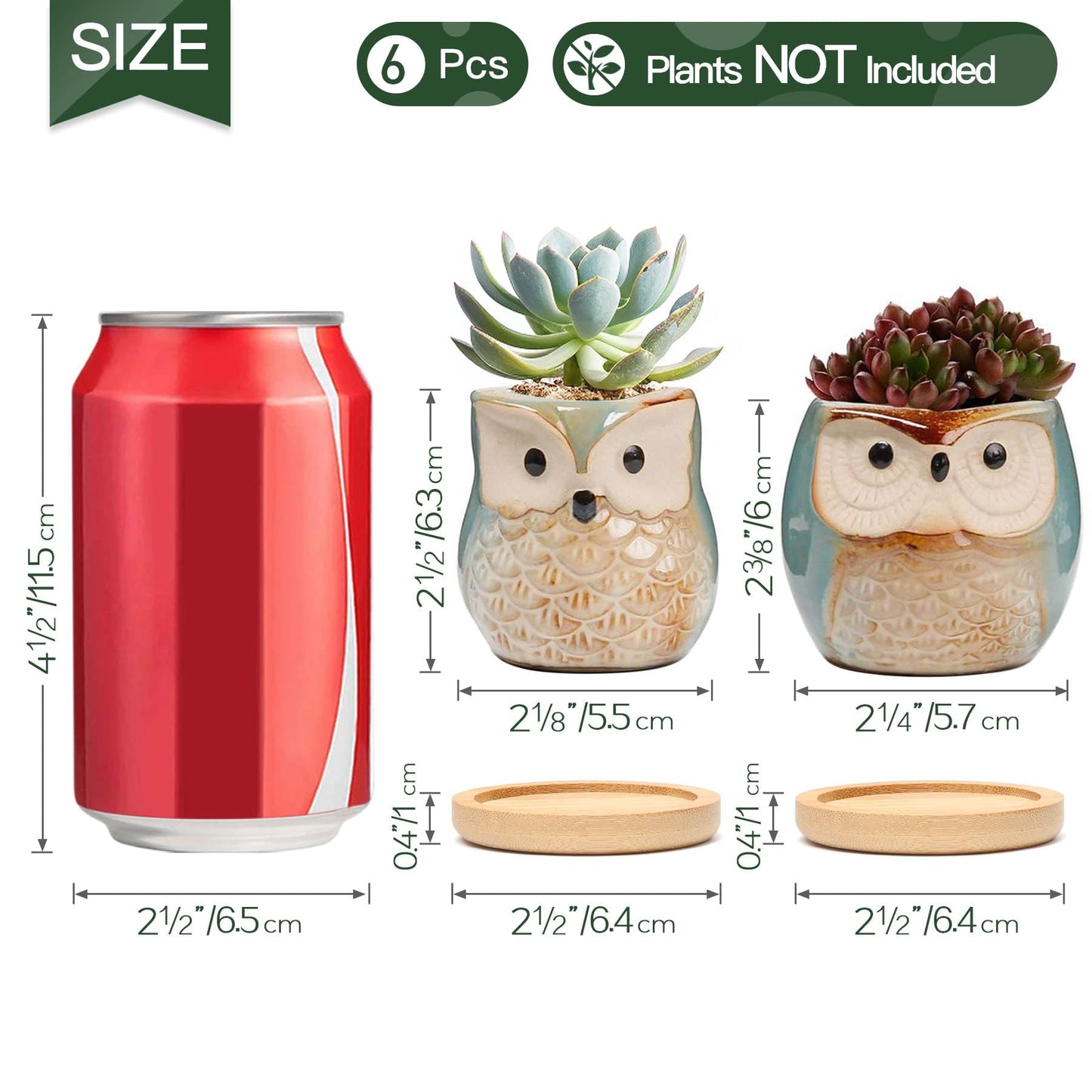 T4U 2.5 Inch Owl Ceramic Succulent Planter Pots with Bamboo Tray Set of 6, Flowing Glaze Porcelain Handicraft Plant Holder Container Gift for Mom Sister Aunt Best for Home Office Garden Decoration