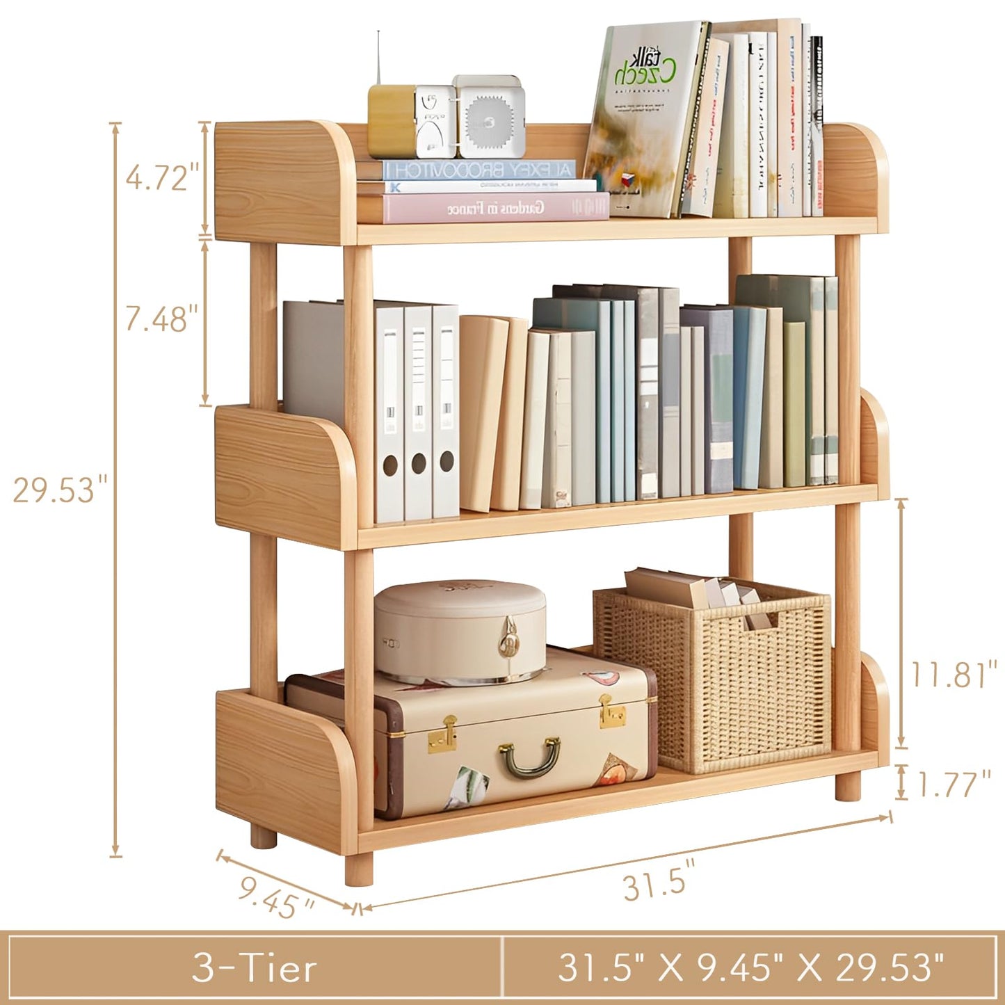 OSCHF 3-Tier Wooden Open Bookcase - Modern Display Bookshelf with Top Edge and Solid Wood Frame for Home and Office, Storage Cabinet, Oak