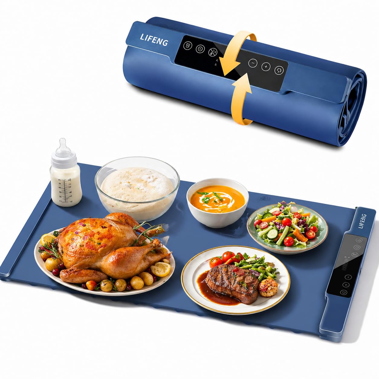 LIFENG Food Warming Mat, Extra Large 35.43×13.39 Inch Silicone Electric Warming Tray, Rollable Portable with 7 Temp Settings, Even Heating Easy Clean for Holiday Party Buffet Daily Use, Blue