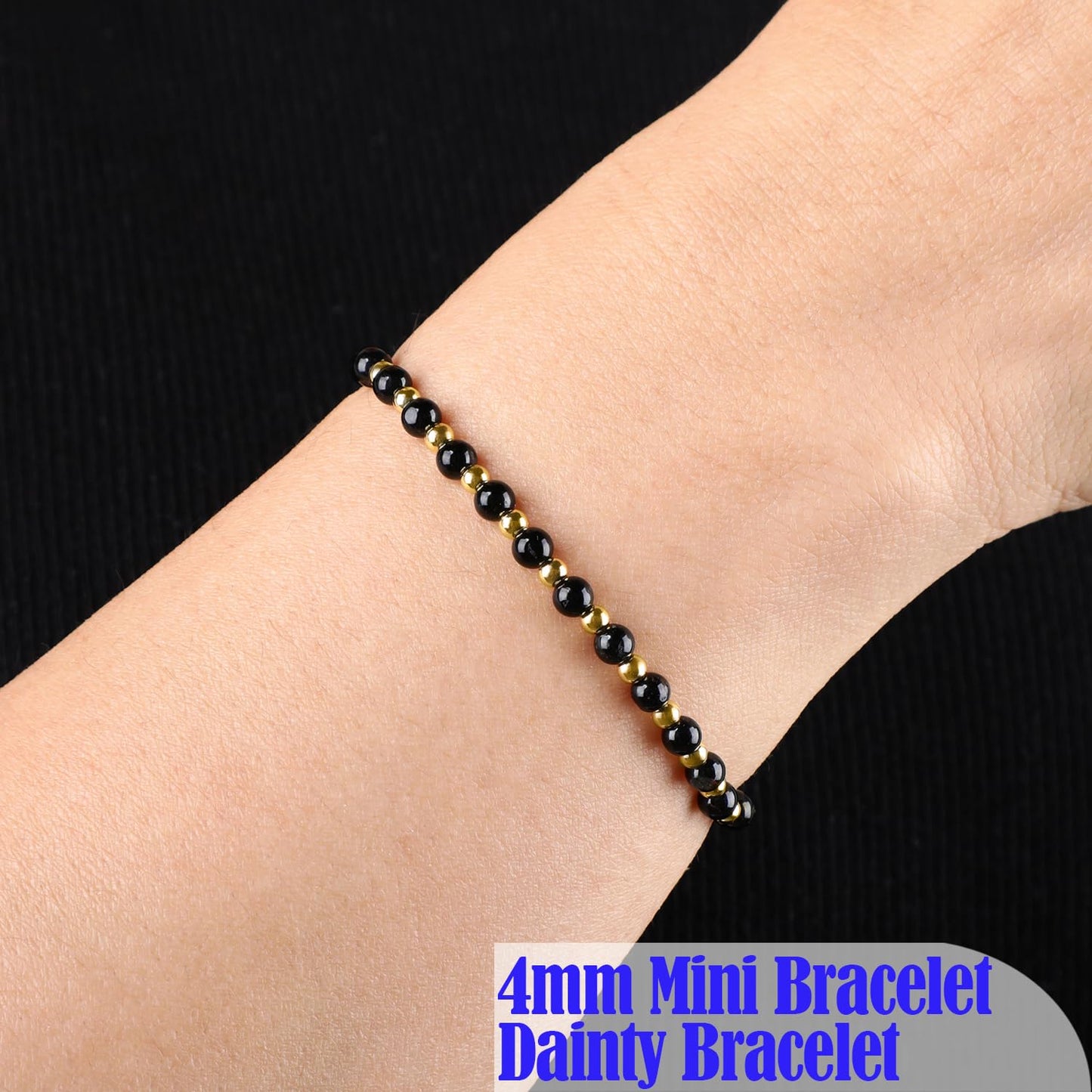 QOGIR Black Tourmaline - Psychic Protection - 14K Gold Plated Beads Natural Gemstone Stretch Elastic Dainty Healing Beaded Bracelets Gifts 4mm
