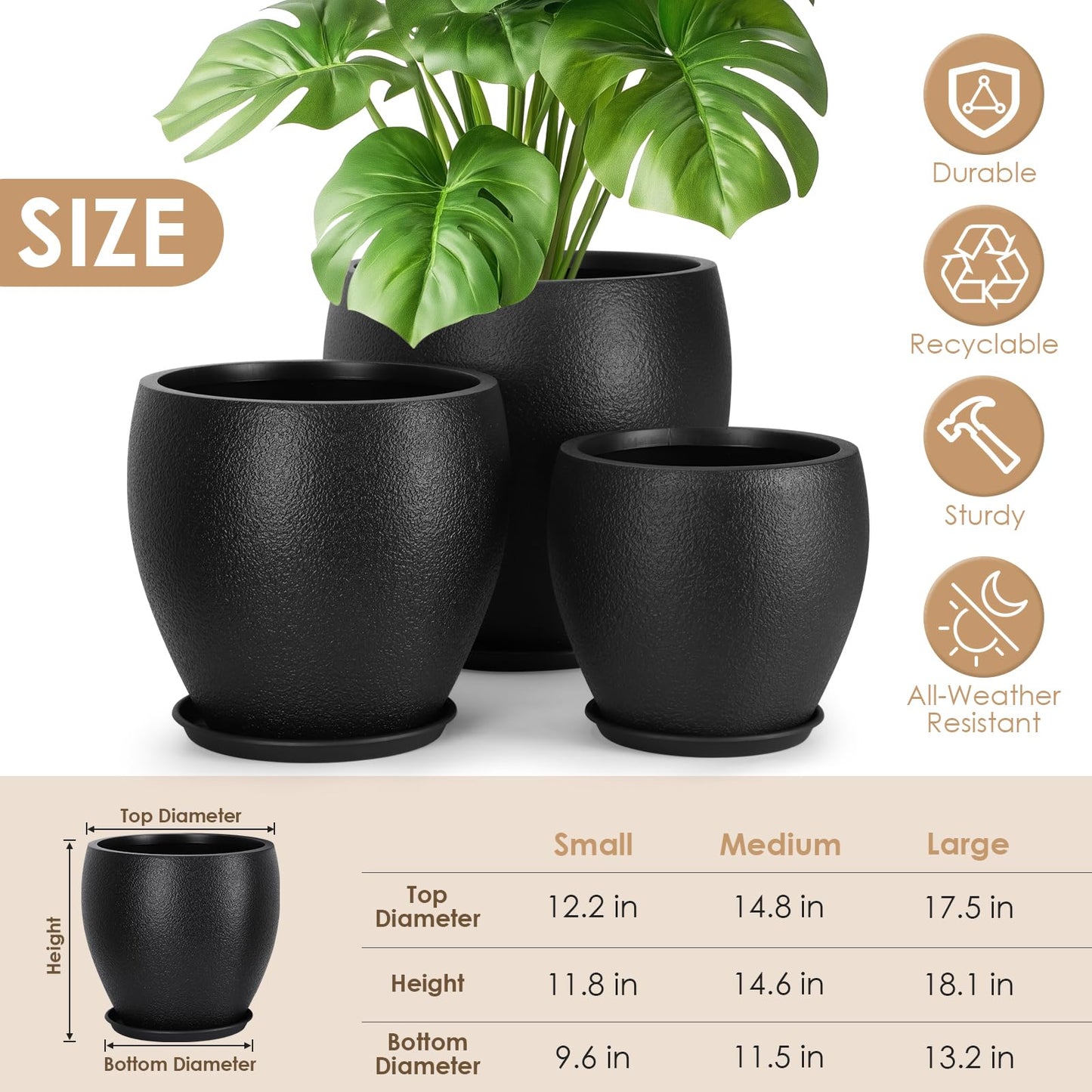 YNNICO Plant Pots 17.5/14.8/12.2 inch Set of 3, Flower Pots with Drainage Holes, Large Planters for Indoor Outdoor Garden Plants and Flowers. (Black)