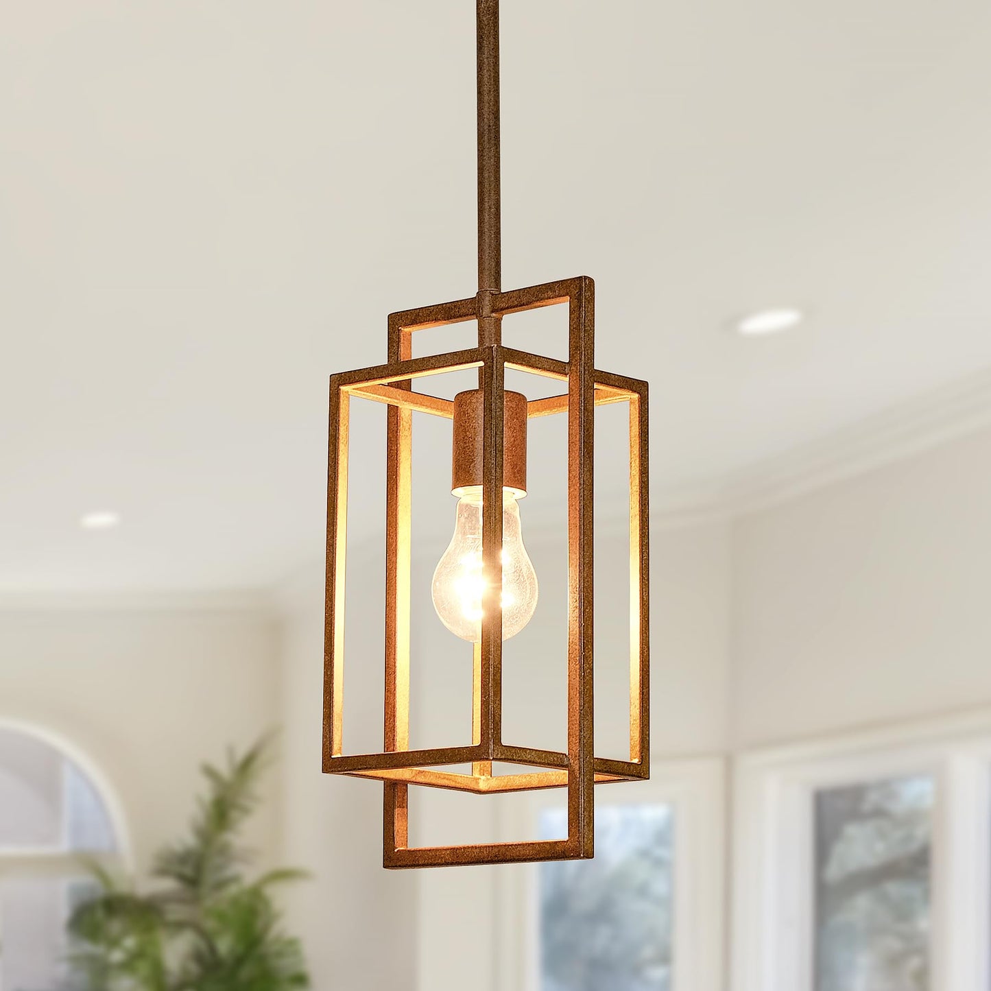 Wrlmfy Antique Brown Pendant Lighting Fixture with Geometric Metal Cage, 1-Light Retro Inspired Farmhouse Mini Hanging Lamp with Height Adjustable Rods for Kitchen Island, Cafe Bar, Dining Room