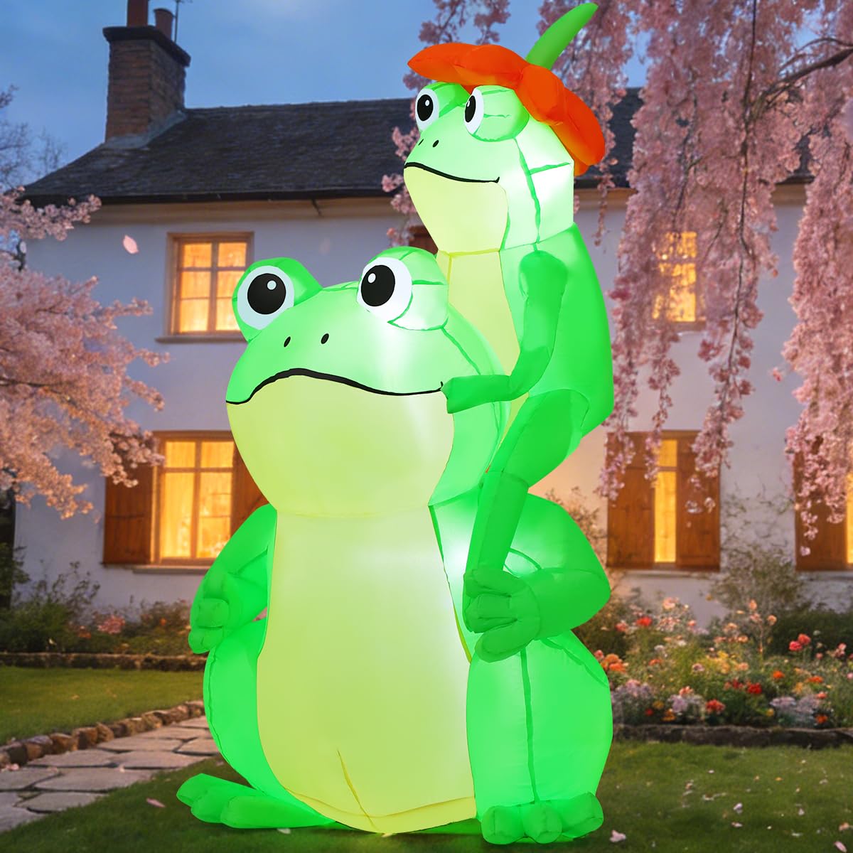 GOOSH 5 FT Summer Inflatables Frogs Decorations Blow Up Yard with Flower Built-in LEDs for Garden Lawn Indoor Party Decor
