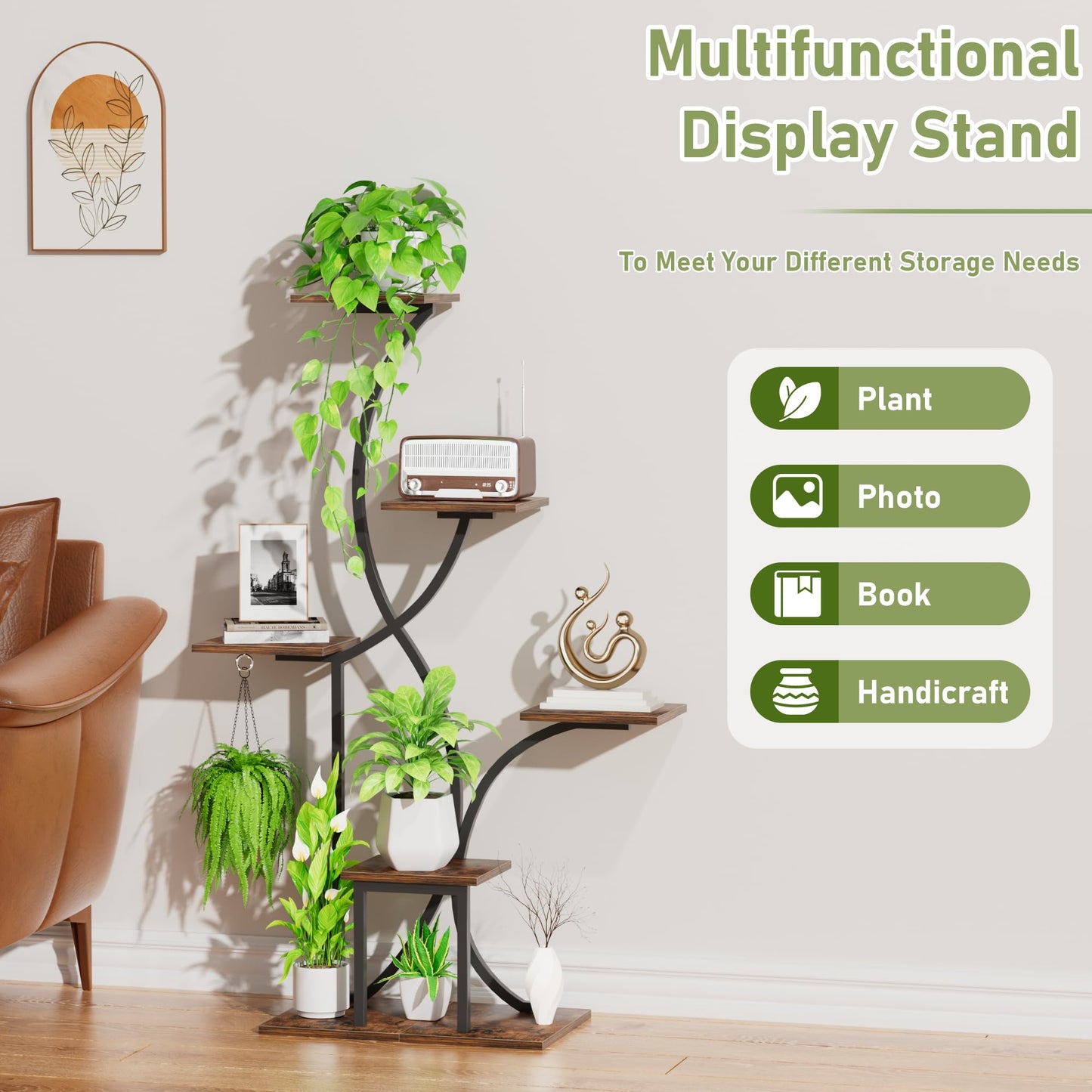 Plant Stand Indoor with Grow Lights, 6 Tiered Indoor Plant Shelf, 48'' Corner Plant Stands for Indoor Plants, Lighted S-Shaped Plant Rack, Tall Flower Holder Display for Living Room, Home (Black)