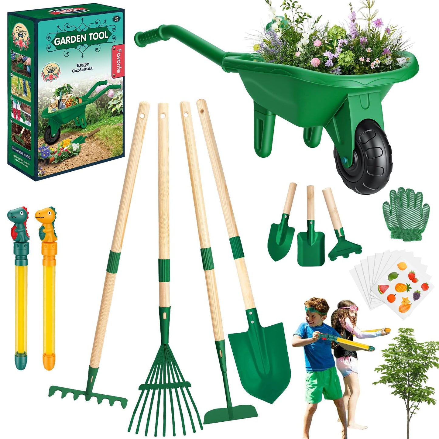 Dutywand Kids Gardening Tools Set with Wheelbarrow, Wooden & Metal Outdoor Gardening Toys for Summer Outdoor Yard Digging & Weeding, Easter Birthday Gifts for Boys Girls Age 3+ Years (Green)