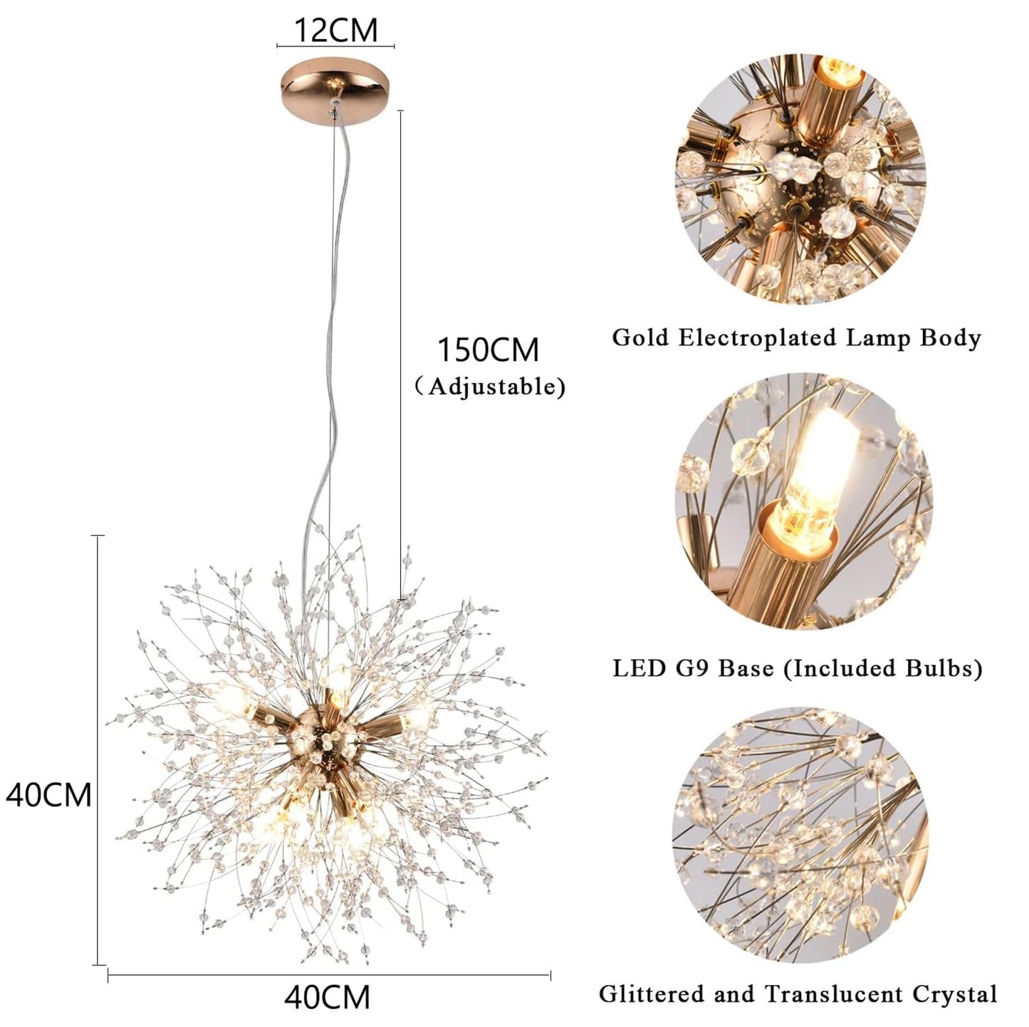 YUFENG Modern Dandelion s, Crystal Fireworks Sputnik Ceiling Light Fixture, Round Pendant Lighting for Dining Room Living Room Bedroom Bathroom Kitchen Foyer Girls Room,Silver 8Lights