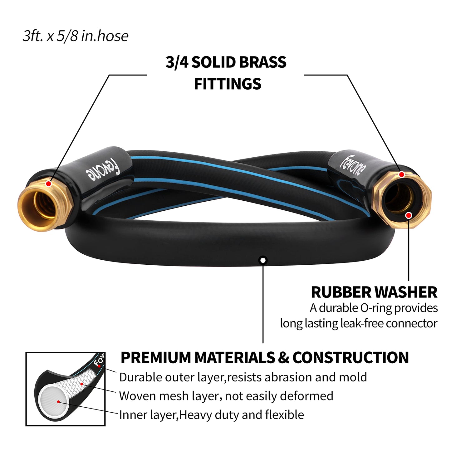 Fevone 3 ft Garden Hose Male to Female, Hose Reel Connector Hose 3 ft, Lead Hose for Hose Reel, 5/8 Inner Diameter Hose, 3/4 Brass Fittings