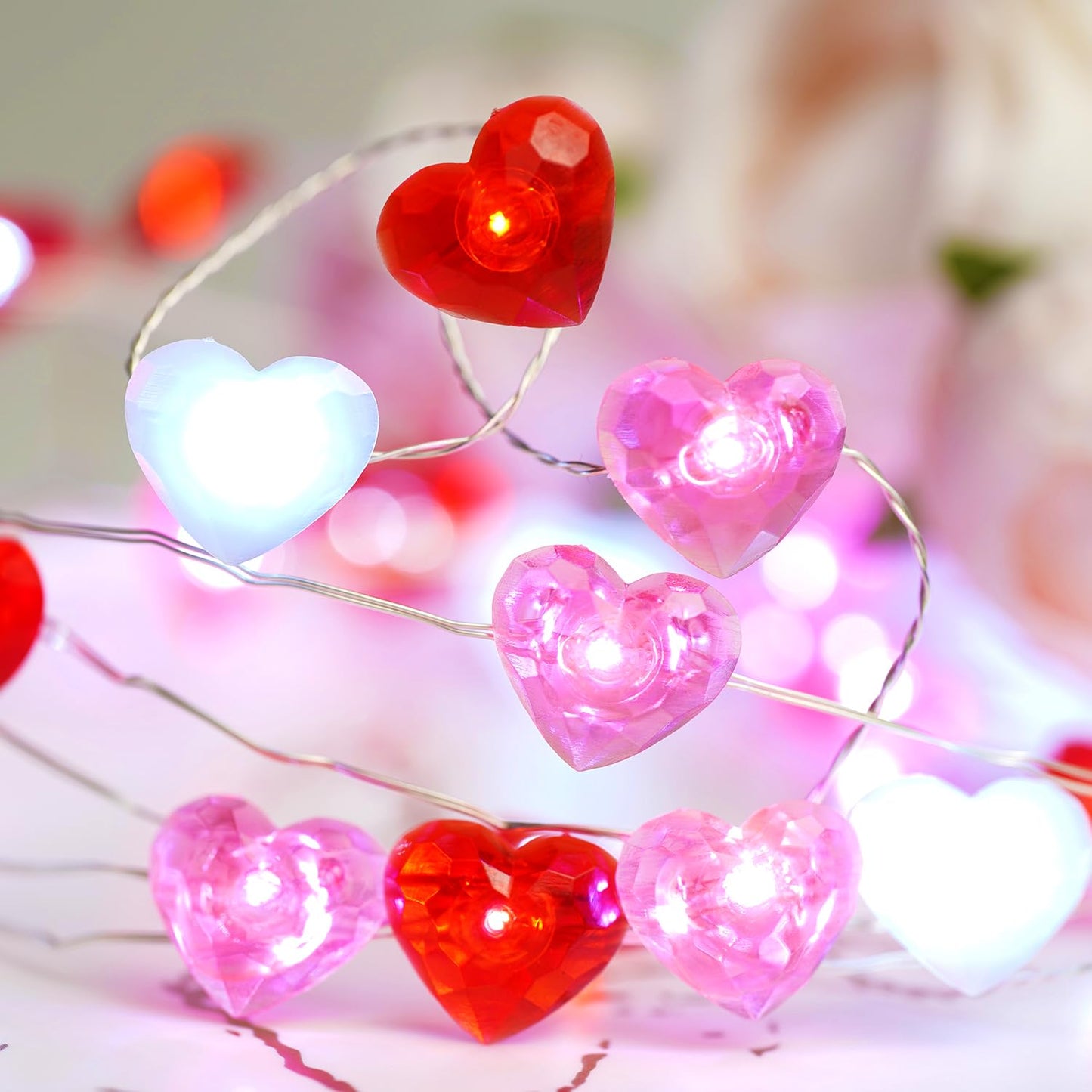 Libreath Valentines Day Decor 10 ft 40 LEDs Red White Pink Heart String Lights Battery Operated Garland Valentines Day Lights with Timer Valentine's Day Decorations for The Home Indoor Mother's Day