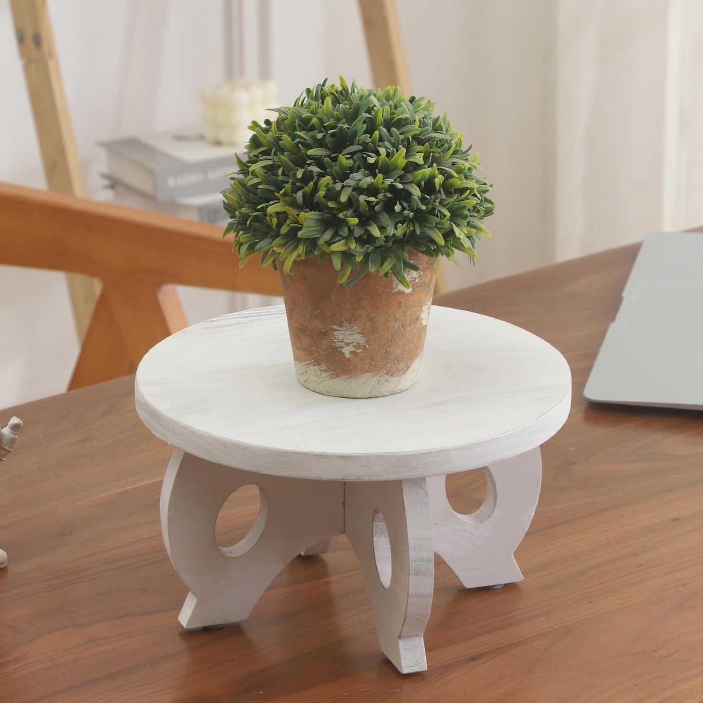 VZODESR Small Plant Stand Kitchen Display Stand 10 inch Plant Holder Plant Stool Round Stand Risers Farmhouse Rustic Balcony Decor Pedestal Board Washed White