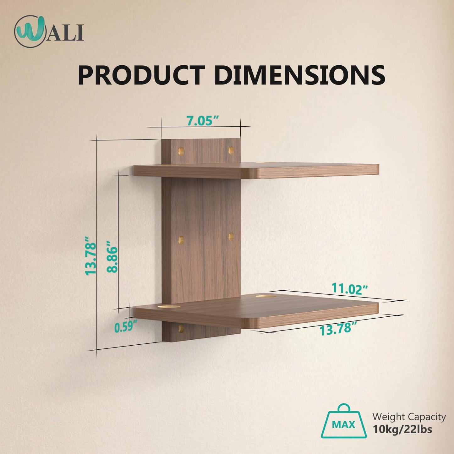 WALI Floating TV Shelf, 2 Tier Projector Shelf for DVD Players, Routers, Game Consoles, Cable Boxes, Living Room Decor Accessories, Wall Mount Shelves Holds Up to 22lbs (CS202N), 2-Shelf, Walnut Brown