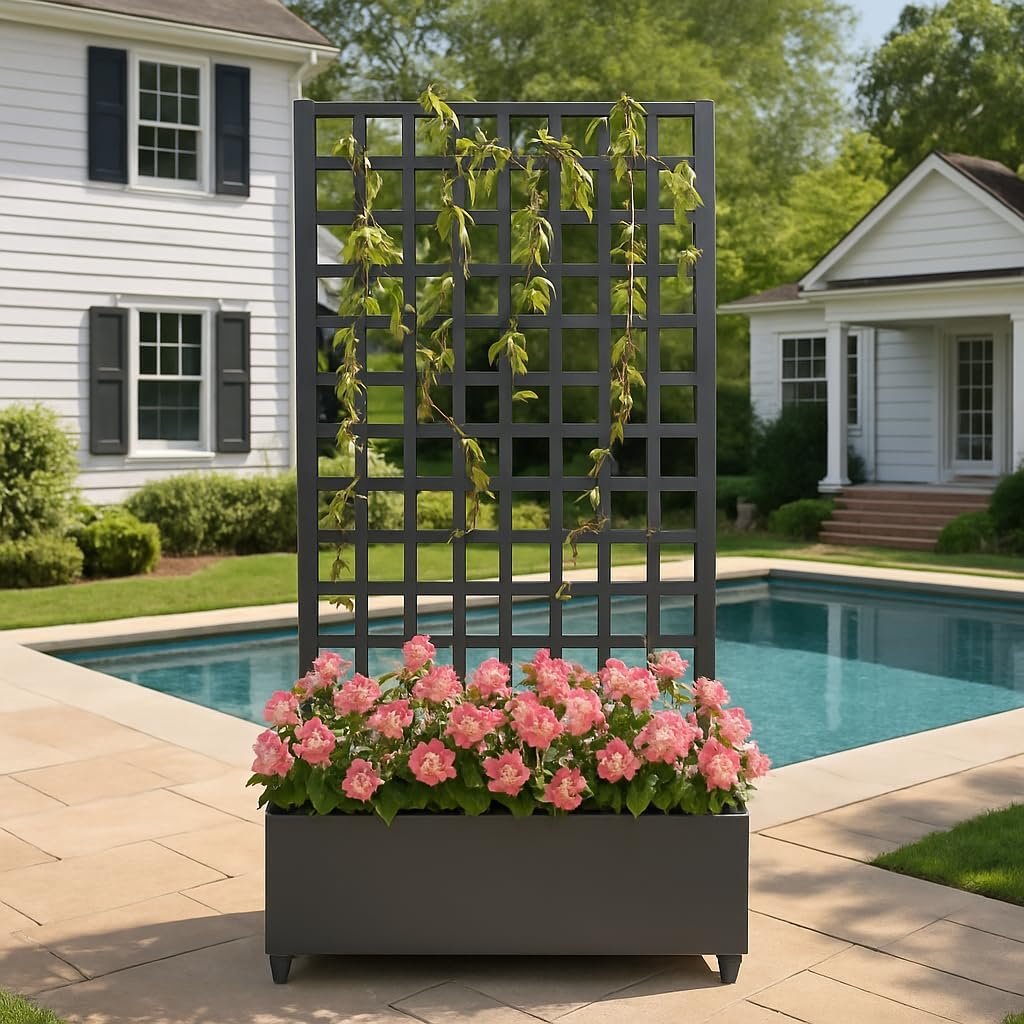 Metal Raised Garden Bed with Trellis and Wheels, 72"x47" Planter Box for Climbing Plants, Vegetables & Vines, Features Drainage Holes and Privacy Screen