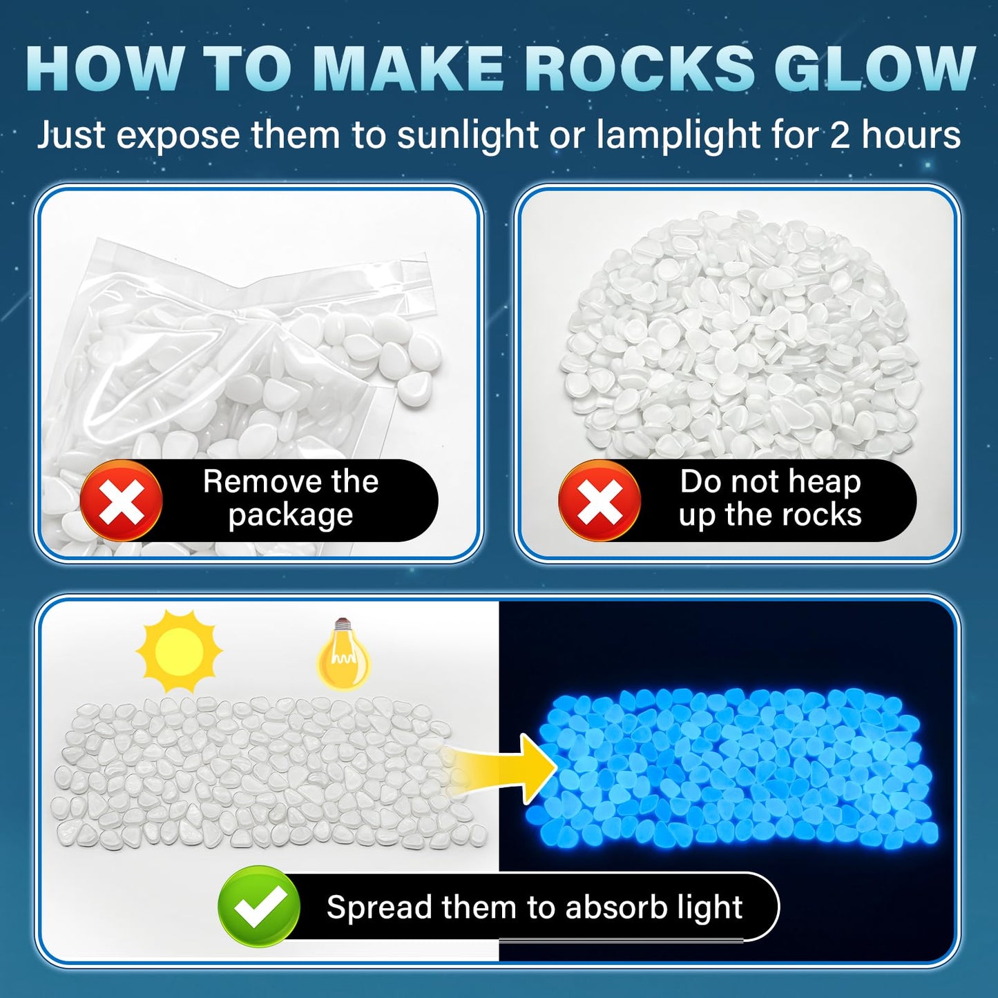 PoYang 1000pcs Glow in The Dark Rocks Outdoor - White Resin Glowing Pebbles for Landscaping, Garden, Fish Tank and Aquarium Indoor Decor, Powered by Sunlight or Lamplight (0.4"-0.7"/pc, 1.2lbs/Bag)