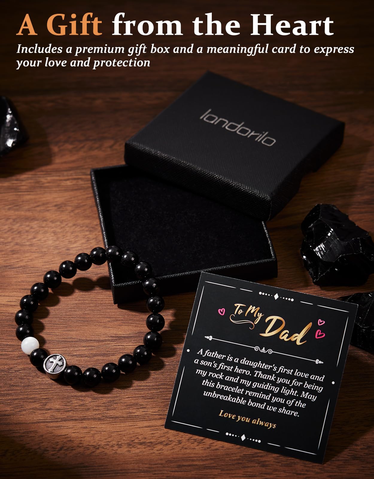 Landorilo Gifts for Men, 8mm Cross Natural Stone Beaded Bracelets, Black Tourmaline Healing Bracelet, Handmade Mens Jewelry Gift for Him, Husband, Son, Father, Friend(Happy Birthday-7.5in)