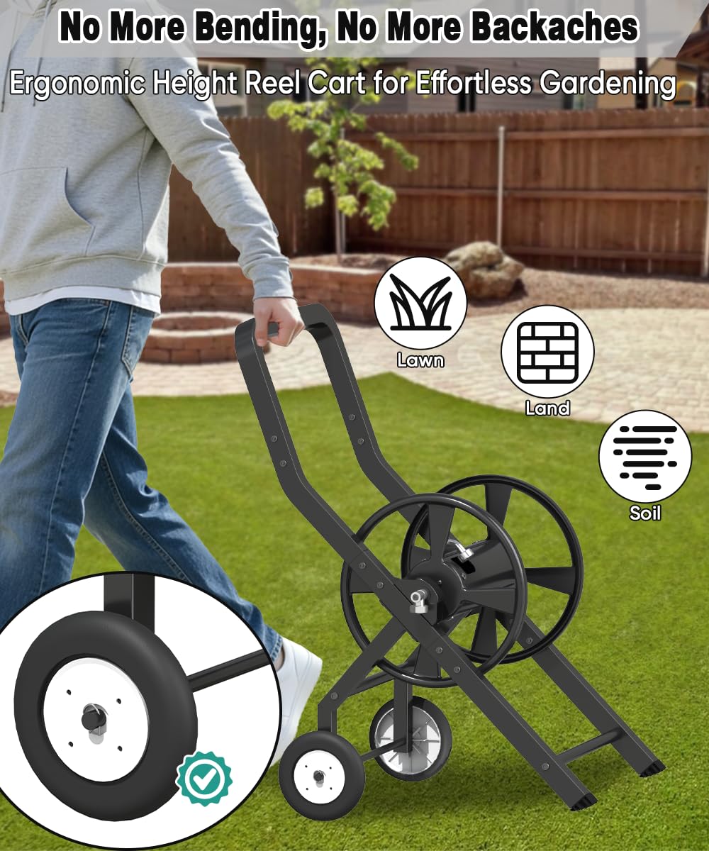 Artigarden Garden Hose Reel Cart with Wheels, Outdoor Heavy Duty Powder-coated Steel Water Storage Winder Holder, Holds 125 ft of 5/8’’ Hose with 3.9 Ft Leader Hose for Outside Lawn Yard, Black