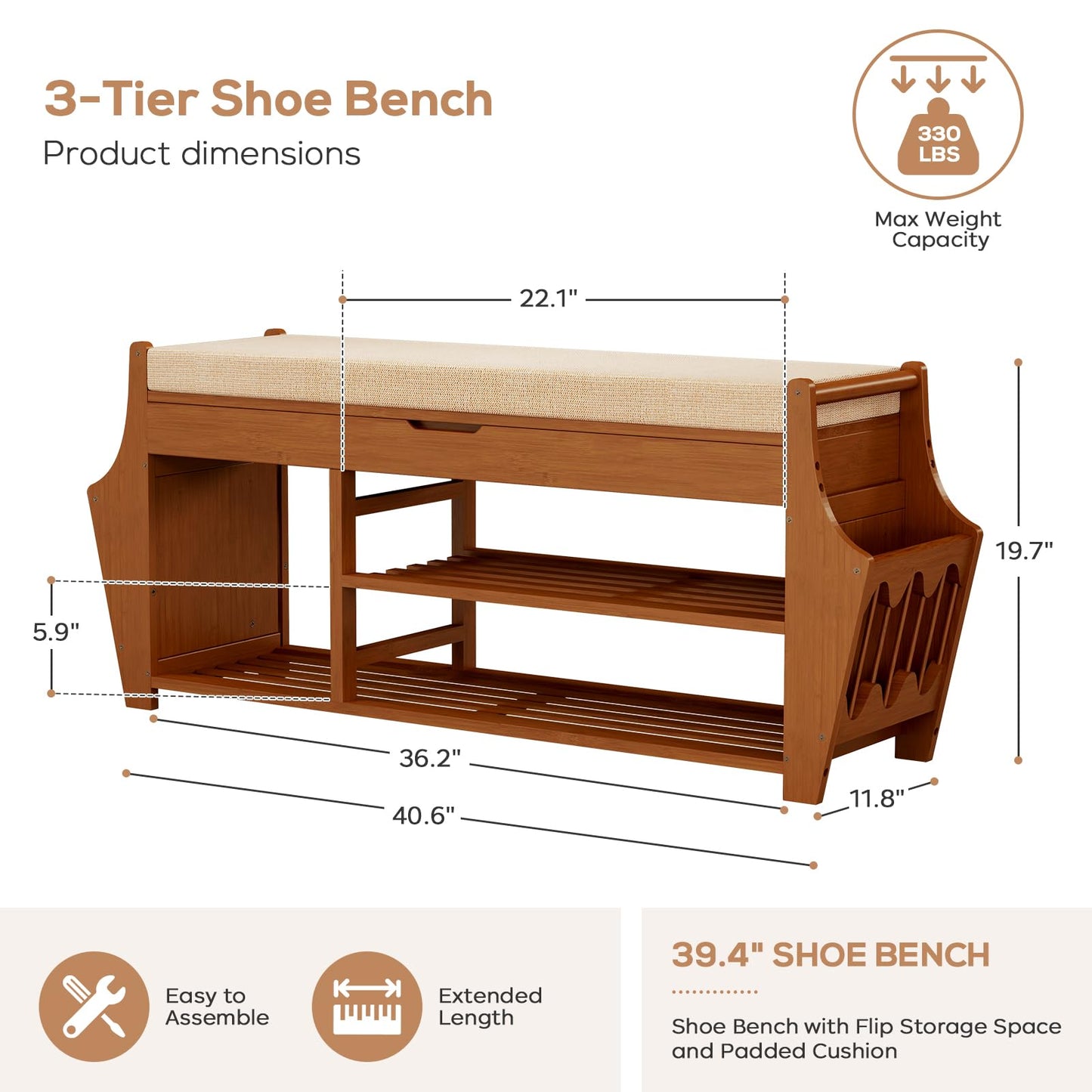 oakvivo 39.4in Shoe Bench with 2 Side Holder, 3 Tier Bamboo Entryway Bench with Storage, Shoe Rack Bench Organizer with Cushion for Entryway Hallway Living Room, Holds up to 330lbs