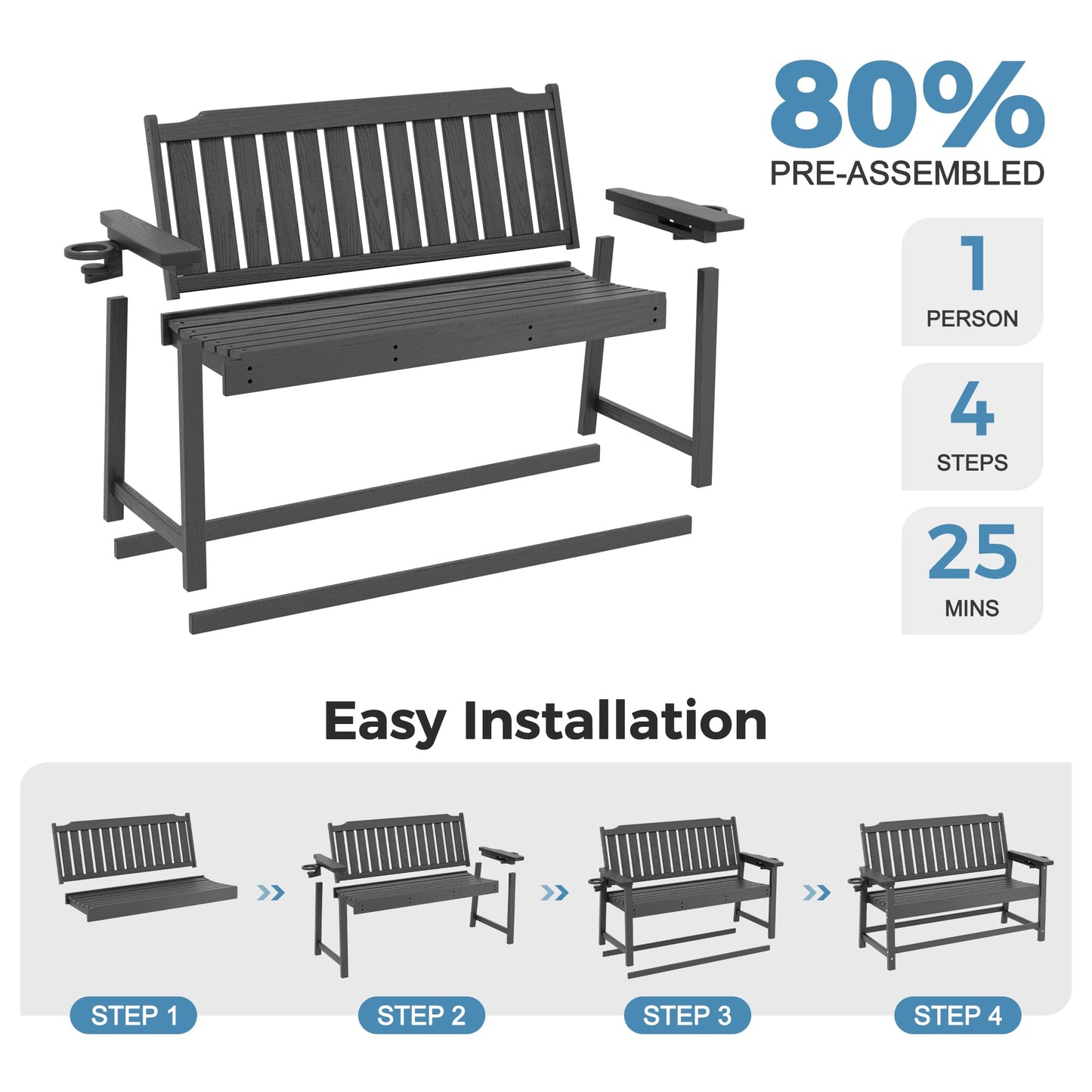 WACASA 48" Outdoor Bench, HDPE Weatherproof Porch Bench, 2-Person Garden Benches with 660 Lbs, Waterproof Patio Benches for Outside Balcony Deck Backyard, Grey