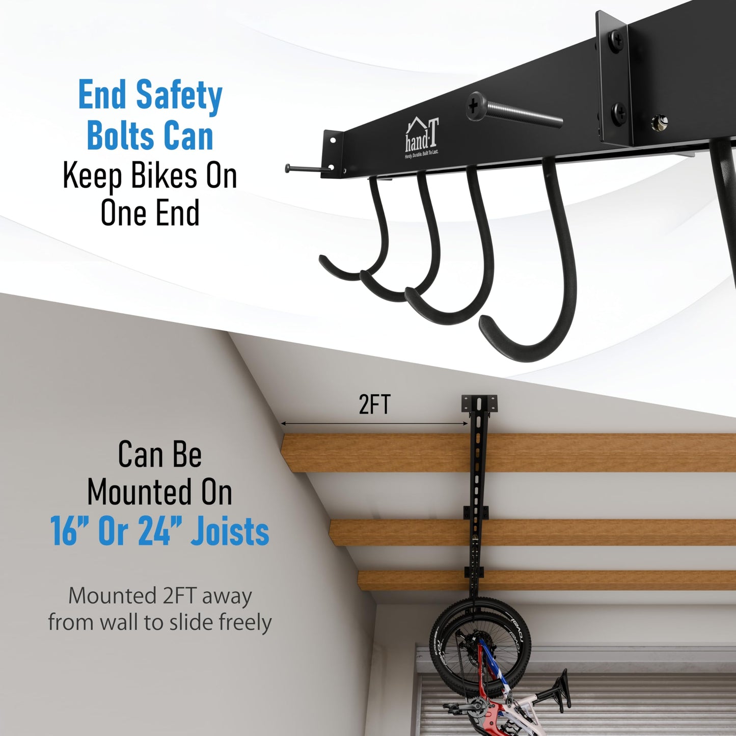 USA Based Ceiling Bike Hanger Slide Mount Up To 6 Bikes, Sliding Garage Bicycle Storage, 51" Heavy Duty Hanging Hook Racks 450lbs Limit, Overhead Mounted Hangers for Storing Bicycles | Black